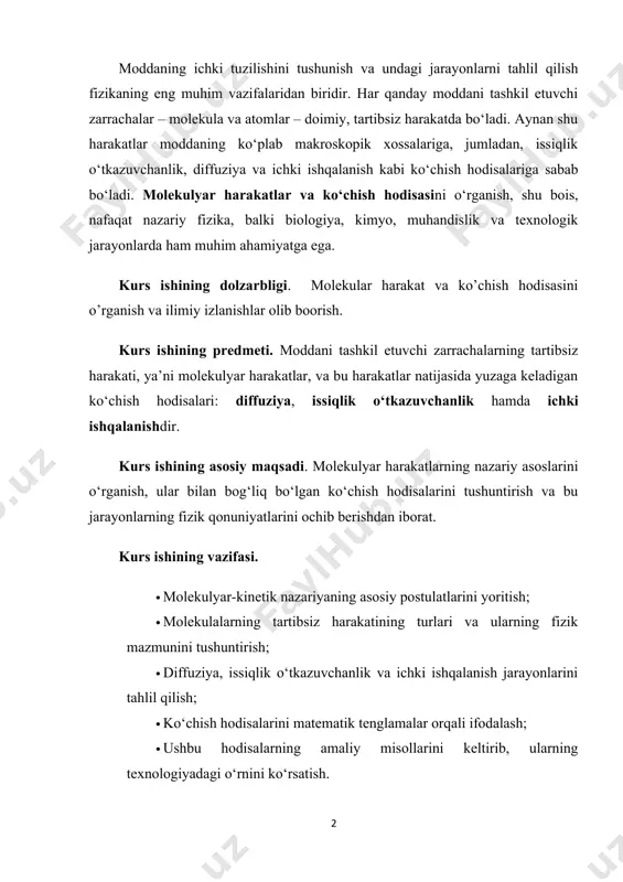 yadagi o‘rnini ko‘rsatish. molekulyar harakatlar va ko‘chish hodisasi tushunchalari fizikada issiqlik hodisalari, moddalarning fazaviy holatlari va energiya almashinuvini chuqur anglashga xizmat qiladi. bu esa energetika, texnika, muhit muhofazasi, biologik tizimlar va hatto farmatsevtika kabi sohalarda amaliy muammolarni yechishda muhim nazariy asos yaratadi. kurs ishining tuzilishi. ushbu kurs ishi loyihasi kirish qism, asosiy qism, xulosa va foydalanilgan adabiyotlar hamda ikki bob, to’rt bo’limdan iborat bo’lib umumiy hajmi 31 saxifadan tashkil topgan. i bob. molekulyar harakatning nazariy asoslari 1.1. moddaning zarrachali tuzilishi. molékula (lotincha moles — massa, molecula — «massacha») — moddaning kimyoviy xususiyatlari saqlanadigan eng kichik zarrachasi. atomlardan iborat boʻladi. molekula (lotincha moles — massa) - muayyan moddaning barcha kimyoviy xossalarini namoyon qiladigan eng kichik zarracha. bir xil (oddiy moddalarda) yoki har xil (kimyoviy birikmalarda) atomlardan tashkil topishi mumkin. mustaqil ravishda mavjud boʻla oladi. molekulaning xossasi uning tuzilishiga — qanday atomlardan tashkil topganiga, ularning soniga, atomlarning fazoviy joylashish tartibiga, ular oʻrtasidagi …