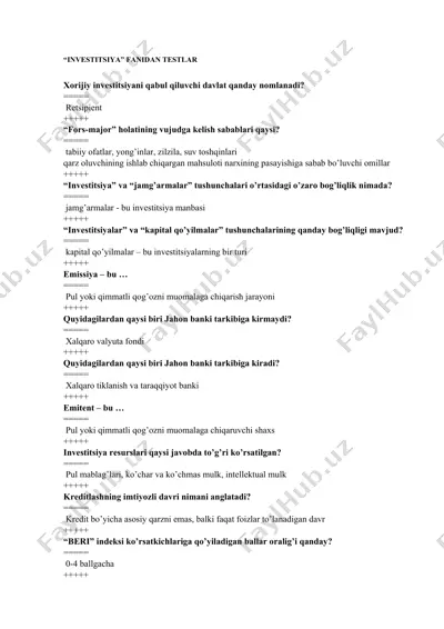investitsiya fanidan testlar — DOCX
