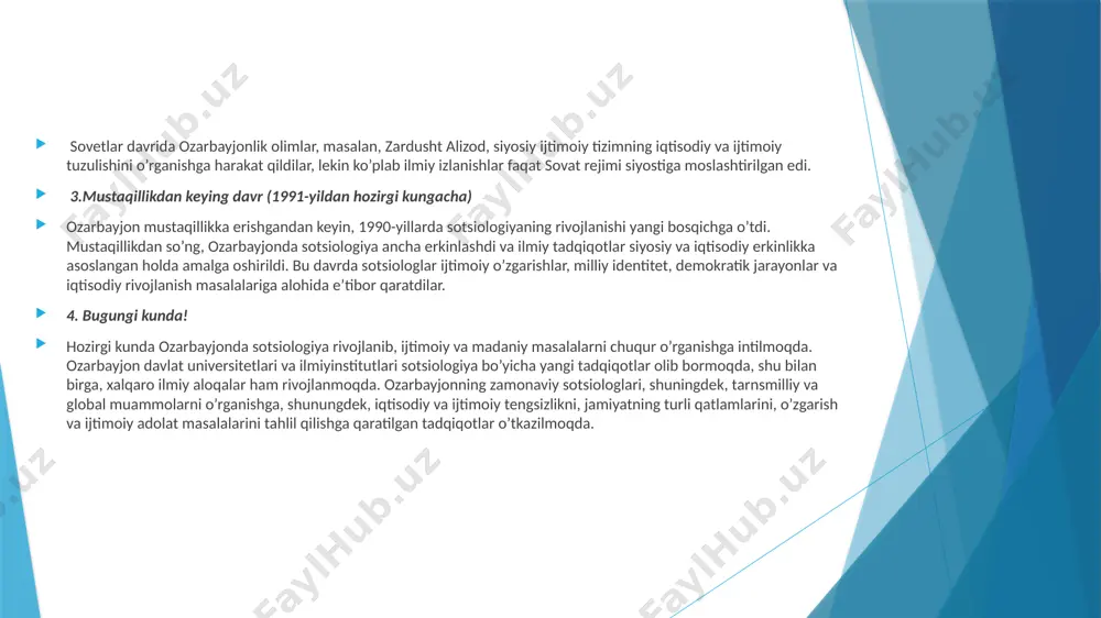 , iqtisodiy va siyosiy tenglikka erishish yo’llarini, shuningdek, gender stereotiplari va ularning jamiyatdagi ta’sirini o’rganadi. -siyosiy islohotlar: ozarbayjonning siyosiy tizimi va undagi islohotlar ham ijtimoiy tadqiqotlar obyekti bo’lib, siyosiy partiyalar, fuqarolik jamiyati va davlat va fuqarolar o’rtasidagi munosabatlar o’rganilmoqda. bu borada amalga oshirilgan tadqiqotlar ozarbayjondagi siyosiy tizimning o’zgarishlari va mustahkamlamishi jarayonlariga yo’naltirilgan. -migratsiya va demografiya: ozarbayjonning geografik joylashuvi va iqtisodiy o’zgarishlari migratsiya jarayonlarini qo’zg’atadi. ozarbayjondagi ichki va tashqi migratsiya, shuningdek, demografik o’zgarishlar ham sotsiologik tadqiqotlar yo’nalishlaridan biri. -ijtimoiy adolat va ijtimoiy yordam: ijtimoiy yordam tizimlari ,kambag’allik, ta’lim va sog’liqni saqlash tizimidagi adolat masalalarini ham sotsiologik tadqiqotlar predmetiga aylangan. bu tadqiqotlar ijtimoiybta’minot tizimining samaradorligini va uning ijtimoiy guruhlar orasidagi taqsimlanishini o’rganadi. 4. ozarbayjinda sotsiologik ilmiy tashkilotlar: ozarbayjonda sotsiologiya ilm-fanning rivojlanishiga hissa qo’shgan bir qator ilmiy muassasalar mavjud. ulardan: - ozarbayjin milliy akademiyasi: bu akademiya sotsiologiya sohasidagi ko’plab tadqiqotlarni amalga oshirishda asosiy markazlardan biridir. akademiya o’zining sotsiologiya instituti orqali ijtimoiy va siyosiy …