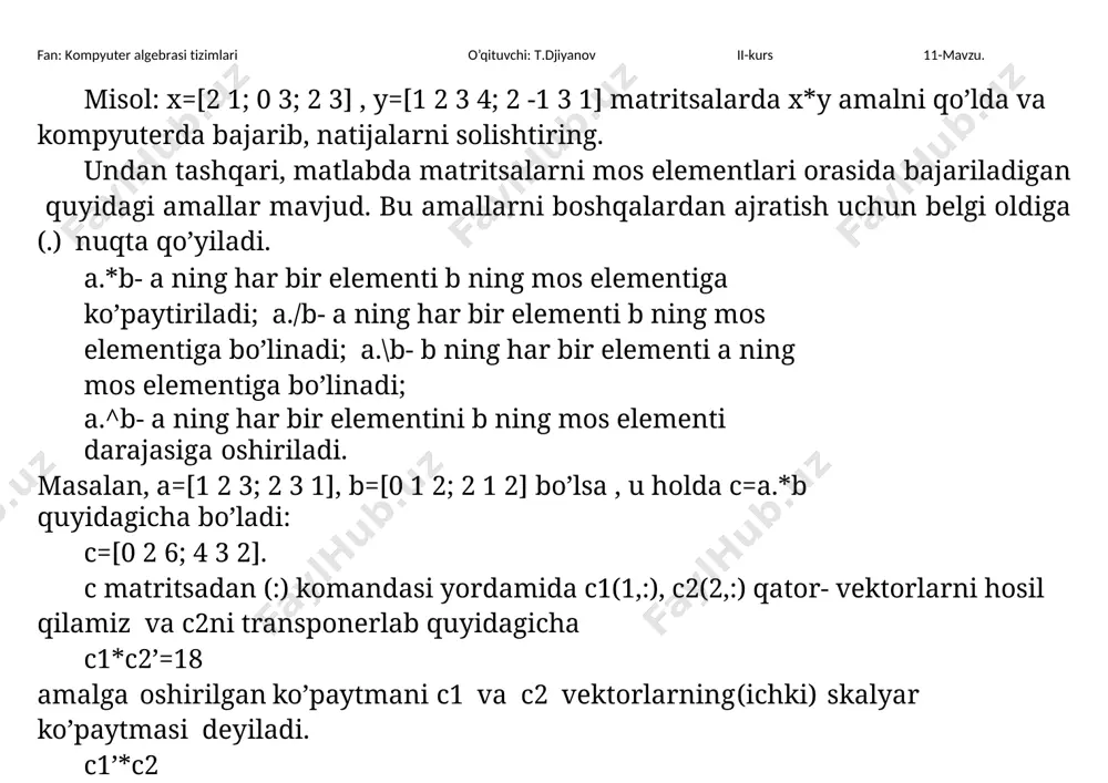avzu. beta inc- tugatilmagan beta funksiyasi; betaln- logarifmik beta funksiyasi; ellipj- yakobining elliptic funksiyasi; ellipke- tugatilgan elliptic integral; erf- xatolik funksiyasi; erfc- qo’shimcha xatolik funksiyasi; erfc x- masshtablangan qo’shimcha xatolik funksiyasi; gamma- gamma funksiyasi; gammaink- tugatilmagan gamma funksiyasi; gammaln- logarifmik gamma funksiya; legendre-lejandrning bog’langan funksiyasi. sonlar nazariyasining funksiyalari. factor(n)-bu sonlarning eng kichik umumiy karralisini aniqlaydi. massivlar bu funksiyadan holi. g=gsd(a,b)-bu a va b massiv hamma elementlari uchun eng katta umumiy bo’linuvchini aniqlab beradi.gsd(0,0) funksiyasi 0 qiymatni qaytaradi, lekin qolgan boshqa vaziyatlarda faqat musbat qiymat qaytaradi. fan: kompyuter algebrasi tizimlari o’qituvchi: t.djiyanov ii-kurs 11-mavzu. lcm(a,b)- bu a va b massiv mos elementlarining eng kichik umumiy karralisini hisoblaydi.a va b massiv elementlari musbat butun son va elementlar soni teng bo’lishi kerak. isprime- soda sonlar uchun rostlk qiymatini beruvchi mantiqiy predikat; primes(n)- n dan oshmaydigan soda sonlar ketma-ketligini chiqarib beradi. yuqorida keltirilgan funksiyalar skalyar va vektorlarga qo’llanilishi mumkin. vektor bo’lgan holda funksiyalar har …