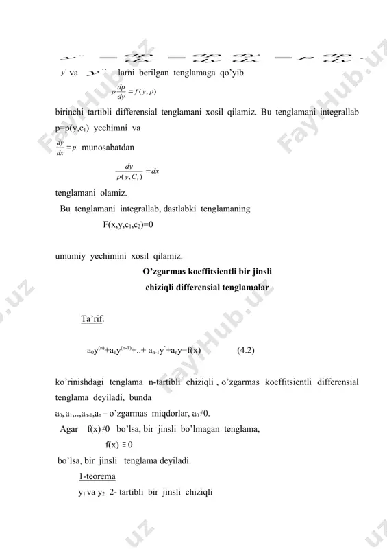 tenglama koeffitsientlari uzluksiz bo’lgan [a,b] kesmadagi biror x=x0 qiymatida nolga teng bo’lmasa ,u xolda w(y1,y2) bu kesmada nolga aylanmaydi. isbot y1 va y2 (4.3) tenglamaning yechimlari bo’lsin. u xolda y1”+ a1y1 ’+a2y1=0 , y2”+ a1y2 ’+a2y2=0 . birinchi tenglikni y2 ga, ikkinchi tenglikni y1 ga kupaytirib, ayiramiz: (y1 y2’’ - y2 y1’’ )+ a1(y1 y2’ - y2 y1’ )=0 (4.4) w(y1 , y2)= y1 y2’ - y1 y ‘2 dan wx(y1 , y2)= y1 y2’’ - y1 ’’ y2 xosil bo’ladi. demak, (4.4) tenglama wx + a1 w=0 ko’rinishni oladi. bu tenglamaning w|x=x =w0 shartni qanoatlantiruvchi yechimini topamiz: (4.6). (4.6) formula livuill formulasi deyiladi. w|x=x =w0 boshlang’ich shartdan c= w0 ni topamiz. demak, (4.7) w0 0, bu xolda (4.7) dan x ning xech bir qiymatida w 0 kelib chiqadi. 5- teorema. agar (4.3) tenglamaning y1 va y2 yechimlari chiziqli erkli bo’lsa , bu yechimlardan tuzilgan w(y1,y2) - vronskiy determinanti xech …
