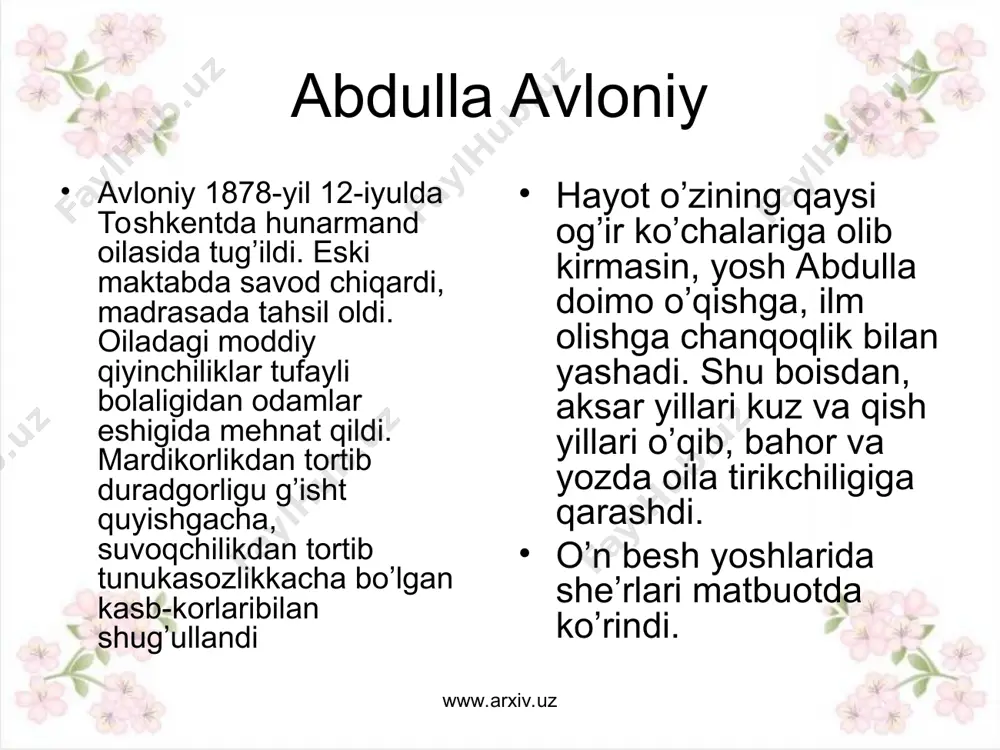 i kiritilishga ta’sir ko’rsatdi ta’limni hayot, turmush bilan bog’lashga intildi, bir dars bilan boshqasi o’rtasida muayyan tanaffuzni, bir sinfdan ikkinchisiga o’tishdagi imtihonni joriy etdi, ta’lim tizimining dunyoviy yo’nalishini kuchaytirishda alohida e’tibor berdi. uning “birinchi muallim” (1909), “ikkinchi muallim” (1912) nomli darsliklari hamda “turkiy guliston yoxud axloq” (1913) nomli qo’llanmasi o’z davrida yoshlarni yangicha yo’nalishda o’qitish va an’anaviy milliy ruh asosida tarbiyalashda katta ahamiyatga ega masalan, bolalarga bag’ishlangan “vatan” (1916) she’rida dunyodagi eng ulug’ va muqaddas tushuncha vatandir, vatanga sadoqatli bo’lmoq, abdulla avloniy ko’plab she’rlar, she’riy to’plamlar muallifidir. uning she’rlarida vatanparvarlik, marifatparvarlik va milliy-ozodlik taronalari alohida o’rin tutadi. marifatli va ilmli bo’lish har bir xalqning taqdiri va taraqqiyotini belgilaydigan omildir, deydi o’nlab she’rlarida avloniy. www.arxiv.uz abdulla avloniy hayot faoliyati turkistonda yuritilayotgan istibdod siyosatiga ham, o’lkaning o’zidagi yurtfurush amaldorlarning zulm – zo’ravonligiga bir kun kelib chek qo’yishini aytadi. avloniy faoliyatida gazetachilik, teatr ishlari, o’qituvchilik alohida o’rin tutadi. u oktyabr o’zgarishiga qadar “shuhrat” …