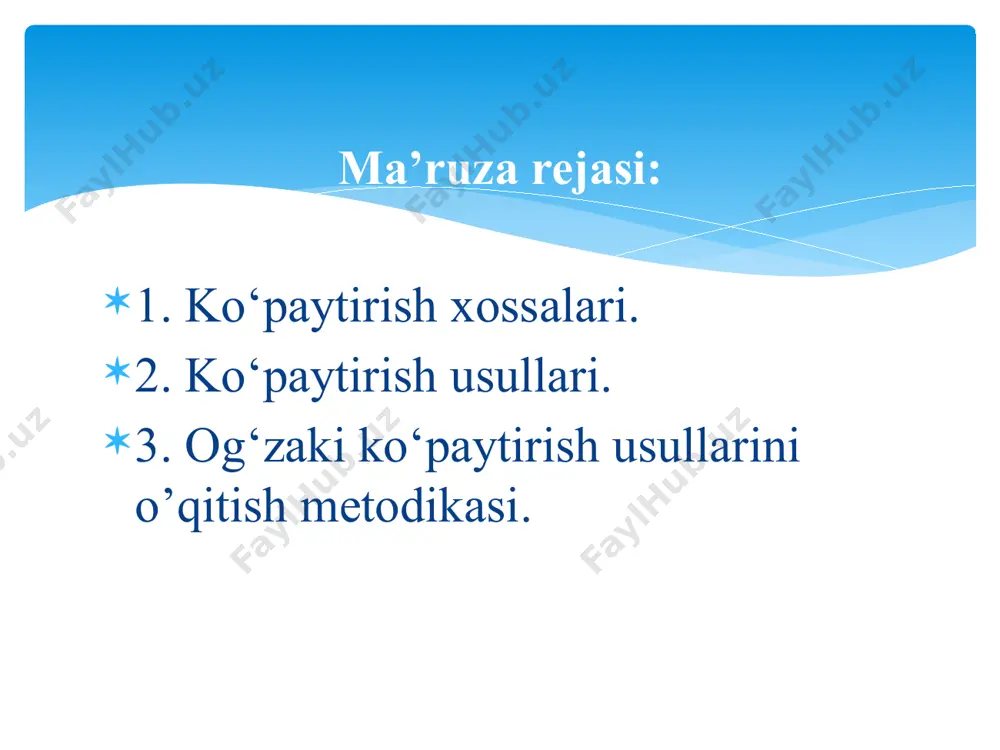 i 30 (50, 70, 90) ga ko‘paytirish kifoya. (2n)∙(5k)= (2∙5) ∙ (n∙k) =n∙(10∙k) misol. а) 24∙ 15 = (12∙2)∙15= 12∙(2∙15)=12∙30 = 260; b) 42 ∙ 25 = (42:2) ∙ (25 ∙ 2)=21 ∙ 50 = 1 050; c) 18 ∙ 45 = (18:2) ∙ (45 ∙ 2) = 9 ∙ 90 = 810. 3.3-usul. ko`paytuvchilardan birini bo`linma shaklida ifodalash. bu usul 5 (50, 500) ga ko`paytirishda qo`l keladi 3.4-qoida. 5 (50, 500)ga ko’paytirish. sonni 5 (50, 500)ga ko’paytirish uchun, uni 10 (100, 1 000) ga ko’paytirib natijani 2 ga bo’lish kifoya. 3.11 - qoida. musbat sonni 55ga ko’paytirish. juft sonni 55ga ko’paytirish uchun,uni 2 ga bo’lib, bo’linmani 100 ga va 10 ga ko’paytirib, keyin ikkala natijani qo’shish kifoya. isbot. a — berilgan son bo’lsin, va u 2 ga karrali. (a:2)⋅100+(a:2)⋅10=a⋅100:2+a⋅10:2=a⋅50+a⋅5=a⋅55 9 (99, 999) ga ko‘paytirish uchun uni 10 (100, 1000)ga ko‘paytirib, natijadan shu sonni ayirish kerak. misol. а) 87·9 = …