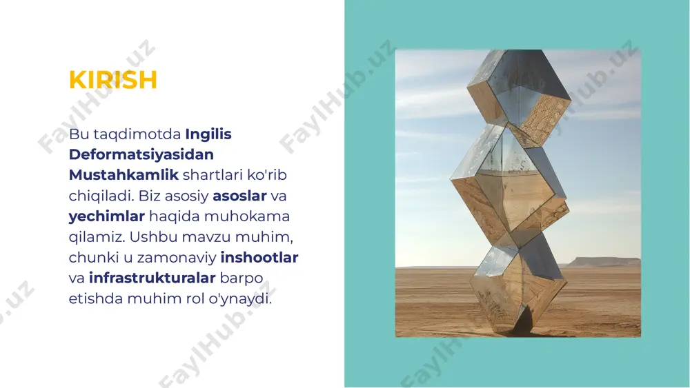 usullari mustahkamlikni tahlil qilish uchun bir nechta usullar mavjud: matematik modellar, eksperimental tadqiqotlar va kompyuter simulyatsiyalari. bu usullar yordamida deformatsiya jarayonlari aniq o'rganiladi va yechimlar taklif etiladi. mustahkamlikni tahlil qilish uchun bir nechta usullar mavjud: matematik modellar, eksperimental tadqiqotlar va kompyuter simulyatsiyalari. bu usullar yordamida deformatsiya jarayonlari aniq o'rganiladi va yechimlar taklif etiladi. yechimlar va strategiyalar yechimlar va strategiyalar mustahkamlikni oshirish uchun bir nechta yechimlar va strategiyalar mavjud. ular orasida materiallar tanlovi, dizayn o'zgarishlari va texnologik jarayonlarni optimallashtirish muhim ahamiyatga ega. mustahkamlikni oshirish uchun bir nechta yechimlar va strategiyalar mavjud. ular orasida materiallar tanlovi, dizayn o'zgarishlari va texnologik jarayonlarni optimallashtirish muhim ahamiyatga ega. amaliy misollaramaliy misollar amaliy misollar orqali deformatsiya va mustahkamlik o'rtasidagi bog'lanishni ko'rishimiz mumkin. muvaffaqiyatli loyihalar, muhandislik yechimlari va innovatsiyalar bu jarayonda muhim rol o'ynaydi. amaliy misollar orqali deformatsiya va mustahkamlik o'rtasidagi bog'lanishni ko'rishimiz mumkin. muvaffaqiyatli loyihalar, muhandislik yechimlari va innovatsiyalar bu jarayonda muhim rol o'ynaydi. kelajak istiqbollarikelajak …
