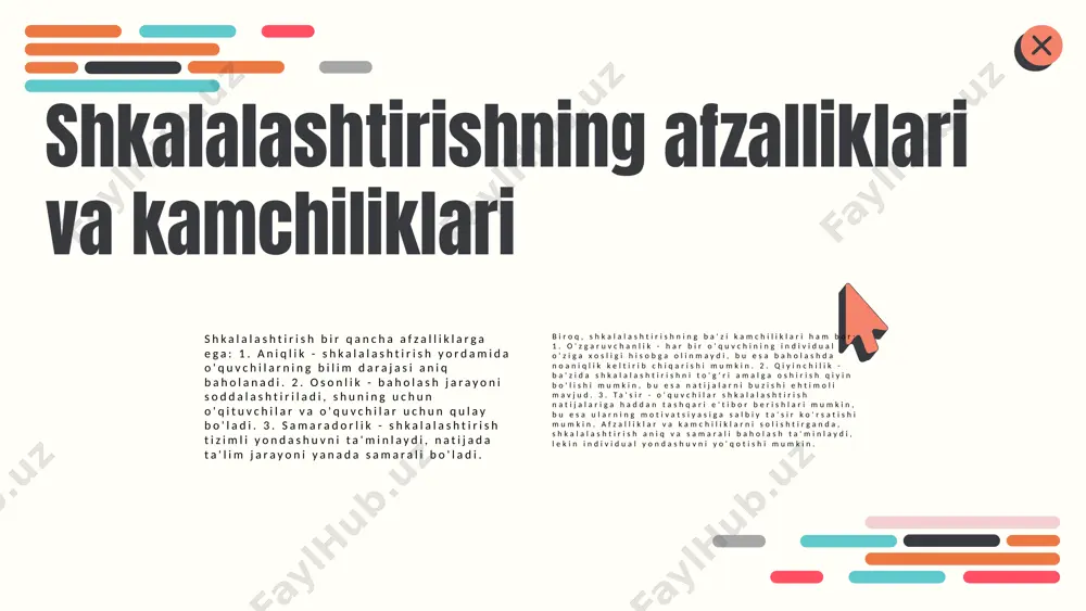 darajasini oshirishga va sifatli ta'limni ta'minlashga xizmat qiladi. * shkalalashtirish va o'quv jarayoni shkalalashtirish, o'quv jarayonida, o'quvchilarning bilimlarini baholashda muhim rol o'ynaydi. bu jarayon talabalarning o'z bilim darajasini aniqlash va rivojlantirish uchun asos bo'ladi. o'qituvchilar uchun shkalalashtirish, dars jarayonida samaradorlikni oshirish, talabalarning individual ehtiyojlarini hisobga olish va o'quvchilarni baholashda aniq va adolatli yondashuvni ta'minlash imkonini beradi. shkalalashtirish va o'qitish uslublari o'qitish uslublari va shkalalashtirish o'rtasida bevosita aloqalar mavjud. turli o'qitish uslublari talabalarning o'rganish jarayoniga ta'sir ko'rsatadi, shkalalashtirish esa ushbu jarayonda muvaffaqiyatni oshirishga yordam beradi. shkalalashtirish talabalarning o'zlashtirish darajasini aniqlash va o'quv jarayonini shaxsiylashtirish imkonini beradi. bu orqali har bir talabaning o'ziga xos ehtiyojlarini hisobga olib, o'quvchilarni muvaffaqiyatga erishtirishga yordam beradi. o'qitishda shkalalashtirishni qo'llash uchun bir necha strategiyalar mavjud: talabalarning individual o'ziga xosligini inobatga olish, o'qitish uslublarini moslashtirish va natijalarni doimiy ravishda baholash. bu jarayonlar o'qitish samaradorligini oshiradi. xulosa 1) o'lchov usullari ta'limda muhim ahamiyatga ega. 2) ular o'quvchilarning bilim va …