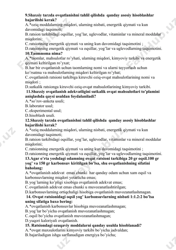 . ikki guruxga (erkaklar va ayollar guruxi). 19. oqatlanishning fiziologik me’yorlari bo’yicha katta yoshdagi aholining birinchi guruhiga kimlar kiradi? a. *aqliy mehnat bilan shug’ullanuvchi shaxslar; b. yengil mehnat bilan shug’ullanuvchi shaxslar; c. o’rtacha og’irlikdagi mehnat bilan shug’ullanuvchi shaxslar; d. og’ir jismoniy mehnat bilan shug’ullanuvchi shaxslar . 20. ovqatlanishning fiziologik me’yorlari bo’yicha katta yoshdagi aholining ikkinchi guruhiga kimlar kiradi? a. *yengil mehnat bilan shug’ullanuvchi shaxslar ; b. aqliy mehnat bilan shug’ullanuvchi shaxslar ; c. og’ir jismoniy mehnat bilan shug’ullanuvchi shaxslar; d. o’rtacha og’irlikdagi mehnat bilan shug’ullanuvchi shaxslar . 21. organizmdagi energiya sarfining necha foizi oqsillar hisobiga to`ldiriladi? a. *13%; b. 26%; c. 49%; d. 5%. 22. to’la qiymatli oqsillar nima? a. *aminokislotalarning barcha to’plamini tutuvchi oqsillar; b. almashtirib bo’ladigan aminokislotalar tutuvchi oqsillar; c. oliy navli undan tayyorlangan non tarkibidagi oqsillar; d. don ekinlarining oqsillari. 23. to’la qiymatli oqsillar tutuvchi mahsulot-manbaalar - bu: a. *go’sht, tuxum, baliq, sut; b. go’sht, non, tuxum, …