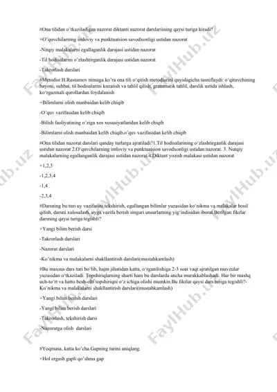 ona tilidan o’tkaziladigan nazorat diktanti nazorat darslari — DOCX