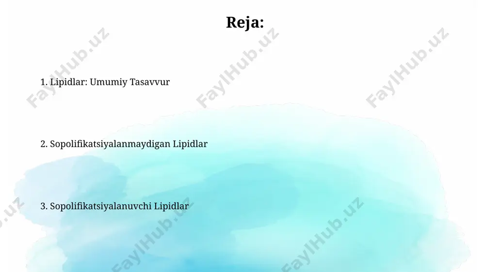 ni pasaytiradi va suyuq yog'larning hosil bo'lishiga olib keladi, masalan, zig'ir yog'i. yog' kislotalarining 90% dan ortig'i to'yingan yoki to'yinmagan bo'lib, ularning uzunligi 12 dan 24 uglerod atomlarigacha o'zgarib turadi va bu ularning fizik xossalarini belgilaydi. lipidlarning umumiy tavsifi lipidlarning tarkibi va tuzilishiga qarab, ular saponifikatsiya qilinadigan (masalan, yog'lar, yog' kislotalari) va saponifikatsiya qilinmaydigan (masalan, steroidlar, terpenlar) lipidlarga bo'linadi. lipidlarning asosiy vazifalari orasida energiya zaxirasi sifatida to'planish (1 gramm lipid 9 kkal energiya beradi), hujayra membranalarini hosil qilish va turli xil biologik jarayonlarda ishtirok etish kiradi. sopolaştiriladigan lipidlarning turlari trigliseridlar uchta yog' kislotasi molekulasi va glitserol molekulasidan tashkil topgan bo'lib, ularning tarkibidagi yog' kislotalari to'yingan yoki to'yinmagan bo'lishi mumkin, bu esa ularning xossalariga ta'sir qiladi. saponifikatsiyalanuvchi lipidlarning asosiy turlari – yog' kislotalari efirlari bo'lgan trigliseridlar, fosfolipidlar va sfingolipidlardir, ularning gidroliz natijasida yog' kislotalari va boshqa tarkibiy qismlar hosil bo'ladi. sopolaştirilmaydigan lipidlar to'yinmagan uglevodorodlar zanjiri uzunligi 15 dan 20 gacha bo'lgan …