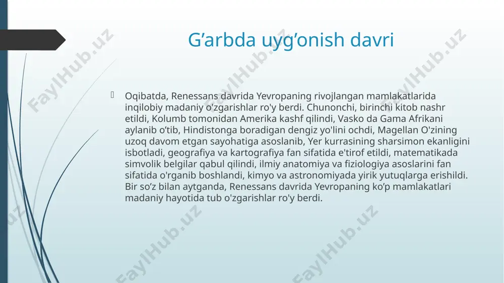 n tusning davomchisi deb hisoblar edilar. yan tus katolik cherkoviga qarshi chiqqanligi uchun uni gulxanda yoqib o‘ldiradilar. shuning uchun bu jamoa uning g‘oyasini amalga oshirishni maqsad qilib oladi. masalan: 1631-yil “tillar va xamma fanlarning ochiq eshigi”, 1632-yilda “buyuk didaktika”, 1632-yilda maktabgacha tarbiya masalalariga bag‘ishlab, “ona maktabi”, 1648-yilda “xislar vositasi bilan idrok qilinadigan narsalarning suratlari” nomli asarlar, shuningdek pan sofiya, logika, fizika, lotin tili, grek tili kabi dasrliklar yozadi. pan sofiya darsligida u tabiat va jamiyat bilimlarining yig‘indisini ifodalab beradi.komenskiy shuningdek o‘zini pedagogik nazariyasida tarbiyaning tabiatga uyg‘un bo‘lishi to‘g‘risidagi tushunchasini ilgari suradi. masalan: bog‘bon daraxtlarini parvarish qiladi, uning o‘sish xususiyatlarini hisobga oladi. o‘qituvchi ham bolani tarbiyalash bilan undagi xususiyatni hisobga oladi. bog‘bon o‘sish qonuniyatini hisobga olsa, o‘qituvchi tarbiyalash qonuniyatiga bo‘ysunadi, o‘qitish jarayoni tabiatga o‘xshab sekinlik bilan amalga oshadi deydi. g’arb uyg’onish davridagi allomalar komenskiy bolani yosh xususiyatlarini tabiiylik prinsipiga amal qilib davrlarga bo‘ladi. 1. tug‘ilgandan 6 yoshgacha. ona maktabi - bunda …