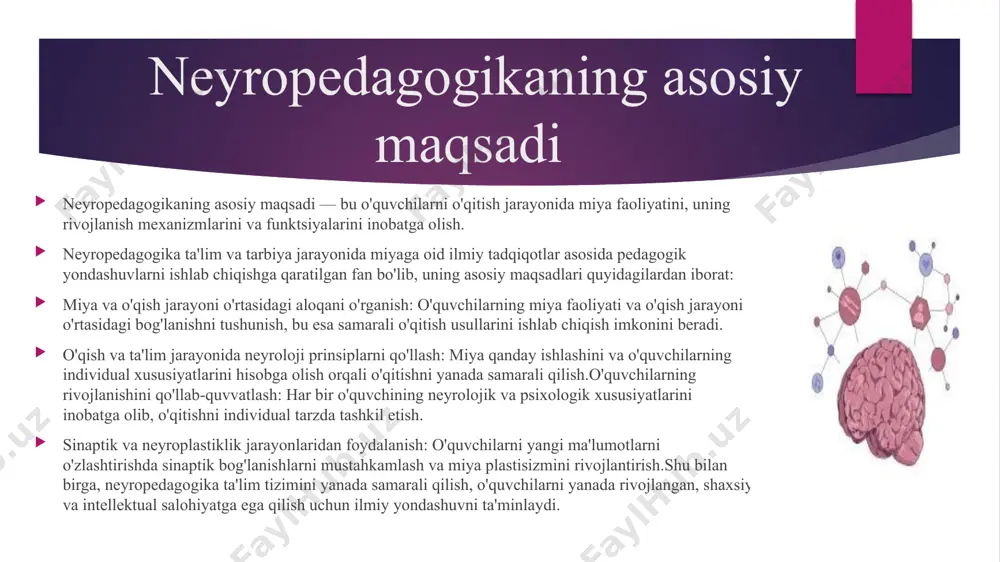 lariga ta'sir qiladi. miya qanday ishlashini bilish, o'qituvchiga o'quvchilarning diqqatini, xotirasini, aqliy faolligini va boshqa kognitiv qobiliyatlarini qanday yaxshilashni tushunishga yordam beradi. 2. shaxsiylashtirilgan ta'limhar bir o'quvchining neyrolojik va psixologik xususiyatlari turlicha bo'lishi mumkin. neyropedagogika, o'quvchilarning individual xususiyatlariga (masalan, diqqatning qisqa davomiyligi, xotira, o'rganish usullari) mos ta'lim metodlarini ishlab chiqishga yordam beradi. bu esa ta'lim jarayonini shaxsiylashtirish imkonini beradi va har bir o'quvchining imkoniyatlarini maksimal darajada rivojlantirishga yordam beradi. 3. o'quvchilarning kognitiv rivojlanishi:neyropedagogika miya plastisizmi (neuroplasticity) tushunchasini o'rganadi, ya'ni miya o'qish jarayonida qanday o'zgarib, yangi ma'lumotlarni qanday o'zlashtiradi. bu jarayon o'quvchilarning kognitiv (aql bilan bog'liq) rivojlanishini qo'llab-quvvatlashga xizmat qiladi. neyropedagogika orqali o'quvchilarning diqqatini, xotirasini, muammolarni hal qilish qobiliyatini rivojlantirishga erishish mumkin. o’quvchilarning ta’lim olish jarayonida neyropedagogikaning o’rni 4. emotsional va psixologik holatni hisobga olish:o'quvchilarning emotsional holati va stress darajasi ta'lim jarayoniga katta ta'sir ko'rsatadi. neyropedagogika bu holatlarni inobatga oladi, o'quvchilarda stressni kamaytirish, o'quvchilarni motivatsiya qilish va o'quvchilarning psixologik holatini yaxshilash …