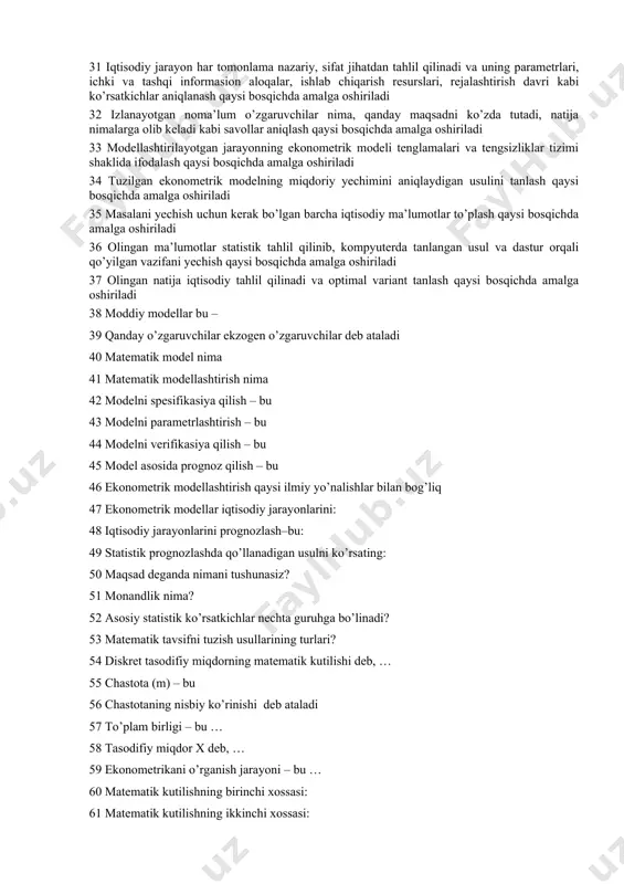 qaysi bosqichda amalga oshiriladi 30 olingan natija iqtisodiy tahlil qilinadi va optimal variant tanlash qaysi bosqichda amalga oshiriladi 31 iqtisodiy jarayon har tomonlama nazariy, sifat jihatdan tahlil qilinadi va uning parametrlari, ichki va tashqi informasion aloqalar, ishlab chiqarish resurslari, rejalashtirish davri kabi ko’rsatkichlar aniqlanash qaysi bosqichda amalga oshiriladi 32 izlanayotgan noma’lum o’zgaruvchilar nima, qanday maqsadni ko’zda tutadi, natija nimalarga olib keladi kabi savollar aniqlash qaysi bosqichda amalga oshiriladi 33 modellashtirilayotgan jarayonning ekonometrik modeli tenglamalari va tengsizliklar tizimi shaklida ifodalash qaysi bosqichda amalga oshiriladi 34 tuzilgan ekonometrik modelning miqdoriy yechimini aniqlaydigan usulini tanlash qaysi bosqichda amalga oshiriladi 35 masalani yechish uchun kerak bo’lgan barcha iqtisodiy ma’lumotlar to’plash qaysi bosqichda amalga oshiriladi 36 olingan ma’lumotlar statistik tahlil qilinib, kompyuterda tanlangan usul va dastur orqali qo’yilgan vazifani yechish qaysi bosqichda amalga oshiriladi 37 olingan natija iqtisodiy tahlil qilinadi va optimal variant tanlash qaysi bosqichda amalga oshiriladi 38 moddiy modellar bu – 39 qanday …