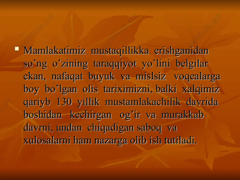 i bilan yashagan.amir sayyid olimxon qoldirgan ulkan meros,amir qoldirgan boyliklar hozirga qadar xalqimiz ravnaqi uchun xizmat qilib kelmoqda.sayid olimxonni buxoro amirligining so’nggi amiri sifatida yana shuni aytish kerakki,ungacha o’tgan amirlar ichida eng oliyjanob, xalqparvar, xalqning jonkuyari sifatida yuksak darajada ardoqlagan bo’lar edim.buni uning farzandlari misolida ham ko’rish mumkin.amir sayyid olimxonni fahr bilan biz va bizdan keyingi avlodlarga namuna sifatida ko’rsatish ham farz ham qarz deb o’ylayman. foydalanilgan adabiyotlar 1. i. a. karimov. «buyuk maqsad yo’lidan og`ishmaylik». toshkent, 1993, 2. karimov i.a. tarixiy xotirasiz kelajak yo’k. t.; 1988. 3. ahmedov b.a. o’zbekiston xalqlari tarixi manbalari. t.: 1991 4. a’zamova g.a. o’zbeksiton shaharlari va shaharlar hayoti. 5. amir olimxon “buxoro xalqining hasrati tarixi” 1991 t. 6. azamat ziyo. o’zbek davlatchiligi tarixi. t.: 2001 . 7. barakaev x. buxoro tarixi. -t.: 1992.- b. 306-307. 8. xolliev g. o’zbekiston tarixi: xviii - xix asarning birinchi choragi. t.; 1997. b. 31-38. 9. muhammad ya’qub ibn …