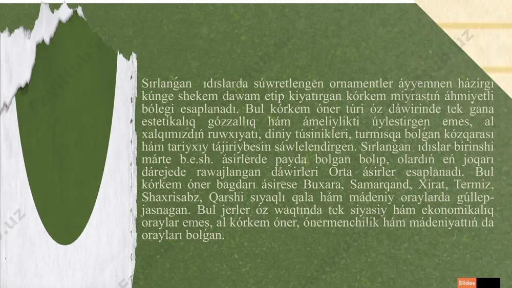 ytaxtları sıpatında tanılǵan hám olar arasında ónermenchilik hám bezew kórkem óneri ayrıqsha rawajlanǵan. buxara mektebi geometriyalıq hám ósimlik tárizli ornamentlerge bay bolıp, ol jerde naǵıslardıń quramalılıǵı hám reńlerdiń úylesimliligi menen ajıralıp turadı. bul mektepte sırlanǵan gúlal buyımlardıń betinde tábiyiy elementlerge tiykarlanǵan naǵıslar kóp ushırasadı hám olar dástúriy islam kórkem usılları menen únlesedi. heyrat ónermentleri sırlanǵan ıdıslardı jaratıwda ósimlik tárizli hám epigrafikalıq elementlerdi birlestirip, tákirarlanbas kompoziciyalar payda etken. bul mektep bezew óneriniń naǵıs hám reń palitrasında baylıq hám ózine tánlikti támiyinleydi. heyrat ornamentleri óziniń tegis sızıqları hám názik reńler úylesimi menen belgili.juwmaqlap aytqanda, sırlanǵan ıdıslardıń betine qollanılǵan naǵıslar hár qıylı usıl hám formalarda bolıp, olar óz-ara úylesimlikte milliy kórkem ónerimizdiń biytákirar úlgilerin jaratadı. geometriyalıq, ósimlik tárizli, haywanat tárizli hám epigrafikalıq usıllar sırlanǵan gúlal buyımlardıń betin bezep gana qoymastan, olardıń tariyxıy hám mádeniy mazmunın da ashıp beredi. buxara, samarqand hám heyrat mektepleriniń ónermentleri jaratqan dástúrler búgingi kúnde de dawam ettirilmekte hám jańa …