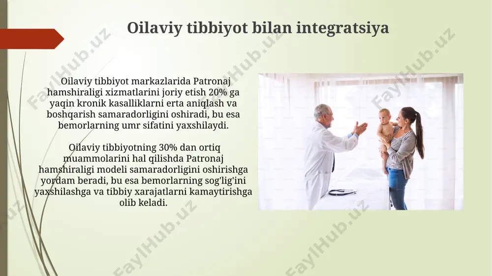 qlar orqali erishiladi, qolgan 30% esa tibbiy profilaktika choralari hisobiga. kutilgan natijalar bemorlarning 90% da sog'lig'ining sezilarli yaxshilanishi va kasallikning og'irlik darajasining 2 ballga kamayishi kuzatiladi, bu esa hayot sifatining oshishiga olib keladi. davolashning birinchi yilida 75% bemorda qaytalanish holatlari kamayadi, bu esa sog'liqni saqlash tizimiga yukning 30% ga kamayishiga olib keladi. ta'lim va maslahat berish bemorlarga 7 kun ichida 2 martadan kam bo'lmagan ta'lim va maslahat berish sessiyalarini o'tkazish, ularning tushunish darajasini baholash va kerak bo'lganda qo'shimcha tushuntirishlar berish muhim. ta'lim va maslahat berish jarayonida kamida 3 ta asosiy muammoni aniqlash va ularning yechimlari bo'yicha 5 tadan ko'proq amaliy tavsiyalar berish kerak. modelning asosiy tamoyillari ushbu model 3 ta asosiy bosqichda – baholash, rejalashtirish va amalga oshirish – o'z ichiga oladi, bu esa individual yondashuvni ta'minlaydi va samaradorlikni oshiradi. patronaj hamshiraligi universal progressiv modeli, 24 soatlik monitoring va 7 kunlik qo'llab-quvvatlashni ta'minlash orqali bemorning sog'lig'ini tezroq tiklashga qaratilgan. sifatni …