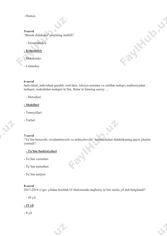 usuliga asos soldi? - sinov-kuzatish va sinov usullariga - ko‘rgazmali tajriba usuliga - savol-javob usuliga - malaka va ko‘nikma shakllantirish 12-savol “hibat ul-haqoyiq” asarining muallifi kim? - ahmad yugnakiy - kaykovus - alisher navoiy - yusuf xos hojib 13-savol ta’limni tashkil etishning darsdan tashqari shakllariga qaysi guruhdagilar kiradi? - ochiq darslar, interfaol darslar - differensiyalangan, individuallashtirilgan ta’lim - to‘garak, praktikum, seminar, konferensiya, maslahat, fakultativ mashg‘ulot, o‘quv ekskursiyalari, mustaqil uy ishlari - individual, individual-guruhli, sinf-dars, leksiya-seminar va sinfdan tashqari, auditoriyadan tashqari, maktabdan tashqari ta’lim. 14-savol “men farzand tarbiyasida davlatni boshqarishdan ko‘ra chuqurroq mushohada, undan ham chuqurroq donishmandlik kerakligiga ishonch hosil qildim” – degan ibora muallifi kim?. - ulug‘bek - amir temur - abdulla avloniy - zahiriddin muhammad bobur 15-savol o‘quvchilarning bilim, ko‘nikma va malakalarini tekshirish quyidagi funksiyalarni bajaradi - bilim berish, tarbiyalash, rivojlantirish - o‘qitish, tashkil etish, tizimlash - umuminsoniy, gumanistik, demokratik. - nazorat qilish, o‘qitish, tarbiyalash, rivojlantirish 16-savol qadim zamonlardan …