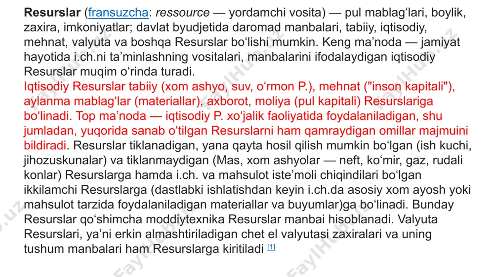 ga, chunonchi yerlarga zarar etkazishga yo'l qo'ymaslik kerak. havo, suv resurslari, energiya (quyosh energiyasi, yadro, geotermal, shamol, tcf iqin energiyalari) er osti qazilmalari (ko’mir, neft, gaz, ruda va h.k) tuproq, o’simlik va hayvonlar, ba'zi mineral resurslar tiklanadigan tabiiy resurslar butunlay yo'q bo’lib ketmaydi va qaytadan tiklanadi. tirik mavjudotlar, o’simlik va hayvonlar, shuningdek, tuproq ana shunday resurslardandir. chunonchi, tuproq yo'q bo’lib ketmaydi balki, asosiy xossasini umundorligini yo'qotadi. bunday resurslardan foydalanayotganda shuni esda tutish kerakki, muayyan tabiiy sharoitning buzilishi ularning qayta tiklanishiga halaqit berishi mumkin. masalan, hozirgi vaqtda butunlay qirib yuborilgan ko’pgina hayvon va o’simlik turlari, shuningdek erroziya natijasida butunlay buzilgan tuproqlar qaytadan tiklanmaydi. bunda tiklanadigan tabiiy resurslarning paydo bo'lish protsessi muayyan tezlikda bo'lishini esda saqlash kerak. masalan, otib tashlangan hayvonlarning qaytadan paydo bo'lishi uchun bir yil yoki bir necha yil kerak. daraxtni kesib tashlagan o'rmon kamida 60 yildan keyin qayta tiklanishi mumkin. tarkibi o'zgargan tuproqning yaxshilanishi uchun esa bir necha ming …