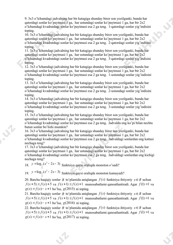 nishini isbotlang. 20. 7 ta natural son berilgan boʻlsin. shular ichida shunday ikkita son mavjudki, ularning ayirmasi 6 ga boʻlinishini isbotlang. 21. 8 ta natural son berilgan boʻlsin. shular ichida shunday ikkita son mavjudki, ularning ayirmasi 7 ga boʻlinishini isbotlang. 22. 9 ta natural son berilgan boʻlsin. shular ichida shunday ikkita son mavjudki, ularning ayirmasi 8 ga boʻlinishini isbotlang. 23. 10 ta natural son berilgan boʻlsin. shular ichida shunday ikkita son mavjudki, ularning ayirmasi 9 ga boʻlinishini isbotlang. 24. 11 ta natural son berilgan boʻlsin. shular ichida shunday ikkita son mavjudki, ularning ayirmasi 10 ga boʻlinishini isbotlang. 25. oʻnlik yozuvi faqat 1 raqamdan tashkil topgan sonlar orasida 2019 ga boʻlinadigan natural son mavjudligini isbotlang. №3 1. oʻnlik yozuvi faqat 0 va 5 raqamlardan tashkil topgan va 33 ga boʻlinadigan natural son mavjudligini isbotlang. 2. oʻnlik yozuvi faqat 0 va 5 raqamlardan tashkil topgan va 34 ga boʻlinadigan natural son mavjudligini …