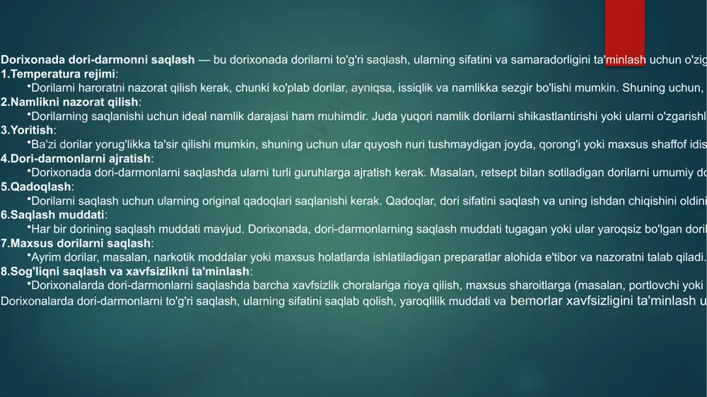 lash zarur. bunday hollarda, maxsus sovutish tizimlari yoki izolyatsiya vositalaridan foydalanish mumkin. 4. vaqtinchalik saqlash dori-darmonlarni vaqtincha saqlash: agar dori-darmonlar dorixona transport vositalarida vaqtincha saqlanishi kerak bo'lsa (masalan, etkazib berish davomida), bu vositalar yaxshi yopilgan va toza bo'lishi, shuningdek, dori-darmonlar zararsiz holda saqlanishi kerak. 5. maxsus transport vositalari maxsus etkazib berish vositalari: ba'zi dorixonalarda dori-darmonlarni tashish uchun maxsus vositalar, masalan, maxsus javonlar yoki isitish/sovutish tizimlari bilan jihozlangan avtomobillar ishlatiladi. bunday vositalar muntazam ravishda tekshirilishi, saqlash sharoitlari tekshirilishi kerak. 6. yaroqsiz va eskirgan vositalar eski yoki ishlamay qolgan vositalar: transport vositalari va ularning qismlari vaqt o'tishi bilan eskirishi mumkin. dorixonada ishlatiladigan transport vositalarining yaxshi holatda bo'lishi va muntazam ravishda texnik ko'rikdan o'tishi kerak. yaroqsiz yoki ishlamay qolgan transport vositalarini tezda almashtirish zarur. 7. qadoqlash va tashish dori-darmonlarni to'g'ri qadoqlash: transport vositalarida dorilarni tashishdan oldin, ularni to'g'ri qadoqlash va xavfsiz tarzda joylashtirish zarur. bu dori-darmonlarning tashish jarayonida shikastlanishining oldini oladi. dorixonada transport …
