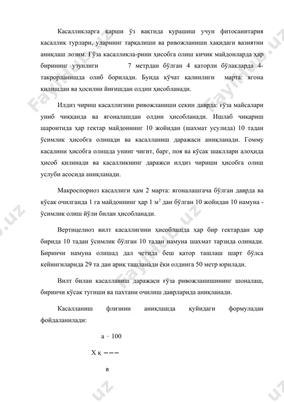 ган майсалар сони санаб чиқилади. тунлаш, гуллаш ва пишиш фазаларида илдиз чириши қуйидаги 5 баллик шкала бўйича аниқланади: 0 - касаллик кузатилмайди; 1 - коллептилда, эникотилда поянинг пастки қисмларида алоҳида оч қўнғир рангли чизиқлар ва тасмасимон доғлар пайдо бўлади; 2 - доғлар юқорида кўрсатилган органларнинг ярмидан кўпини эгаллайди; 3 - коллептилла, эпикотиль ва пояни пастки қисмлари бутунлай қораяди, бошоқ тўла ривожланмайди ва уруғлар сони камаяди; 4 - ўсимлик қуриб қолади. бошоқли дон экинларини барглари, поялари ва бошоқларида учрайдиган касалликларни ҳисобга олиш учун экинлар поя чиқариш фазасининг иккинчи ярмидан (оби ҳаво шароитларини ҳисобга олган ҳолда) тахминан 15-30 мартдан бошлаб то гуллаш тугагунгача (25 апрел - 5 май) ҳар 7-10 кунда бир марта далалар текшириб чиқилади. олинган маълумотлар кўп йиллик маълумотлар метеорологик маълумотлар солиштириб чиқилиб касалликларнинг авж олиши ёки ривожланишдан тўхташини аниқлаш мумкин. касаллик қолдиқларини қарши жойларни ва ривожланиш омиллари тўлиқ ўрганилади.