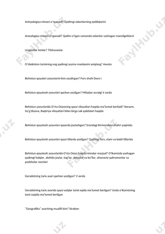 va qachon yashagan? miloddan avvalgi i asr oxirlarida o’tga qadimgi yonon tarixchisi va geografi “tarixiy yilnomalar” asarining mualifi kim? sim szyan sim szyan kim va qachon yashagan? miloddan avvalgi ii asr oxiri – i asr boshlarida yashagan qadimgi xitoy tarixchisi “buyuk aleksandr tarixi” asarining mualifi kim? kvint kursiy ruf arrian kim va qachon yashagan? milodiy ii asrda yashagan yunon tarixchisi kvint kursiy ruf kim va qachon yashagan? milodiy i asrda o’tgan rim tarixchisi “iskandarning harbiy yurishlari” asarining mualifi kim? arrian so’g’d yozuvi qachon shakillangan? mil. avv. iii-ii asrlarda insoniyat rivojidagi birinchi bosqichni aniqlang? ibtidoiy to’da turmush va mehnat umumiyligi negizida birlashgan qadimgi odamlar jamoasi nima deb ataladi? ibtidoiy to’da urug’ nima? birgalikda yashagan va mehnat qilgan qarindoshlar jamoasi matriarxat nima? ona urug’ davri bo’lib, qarindoshlik ona tomonga qarab belgilanib, urug’ va oila boshlig’i ayol kishi bo’lgan patriarxat nima? ota urug’ davri bo’lib, unda erkak kishi jamiyat hayotida yetakchi mavqega ega …