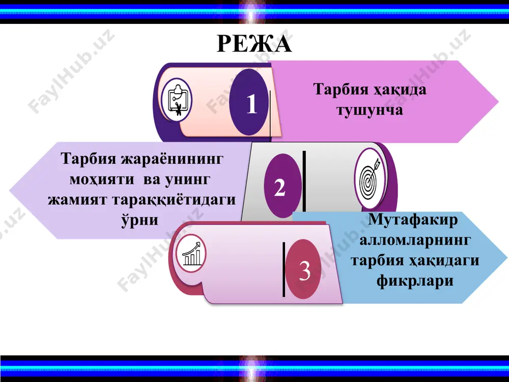 да унинг сўзи, фикри, иши, бирлигига катта эътибор берилган. бу ахлоқий учлик энг қадимги даврлардан бошлаб ундан кейин яратилган барча маърифий асарларга асос бўлган десак хато қилмаган бўламиз. айниқса, “авесто”да инсон тарбиясига, инсонларнинг жамиятда тутган ўрнига муносабати тўлиқ ёритилган. зардушт таълимотида тарбия ҳақида қуйидагича фикр билдирилган. «авесто»да «тарбия жамиятнинг асоси. шунинг учун болалар яхши тарбия олмоғи лозим. болалар вояга етган сайин тўрт нарсани яхши ўргатинг. 1. энг аввало кўчат экиб боғ қилишни; 2. уй рўзғор буюмлари ясашни; 3. чорвани боқишни; 4. экин экишни; мана шу тўрт нарсани бола яхши билса хеч қачон хор бўлмайди, фаровон ҳаёт кечиради деб таъкидланган. тарбия – ҳаётнинг энг муҳим тиргаги (таянчи) бўлиб ҳисобланиши лозим. ҳар бир ёшни шундай тарбиялаш зарурки, у аввало яхши ўқишни ва сўнгра эса ёзишни ўрганиши билан энг юксак пағонага кўтарилсин деб айтади яхши овқатланадиган халқдан яхши насл – соғлом авлод қолади” – деб таъкидлайди. тарбия ижтимоий ҳодиса. тарбия кишилик жамиятнинг пайдо …