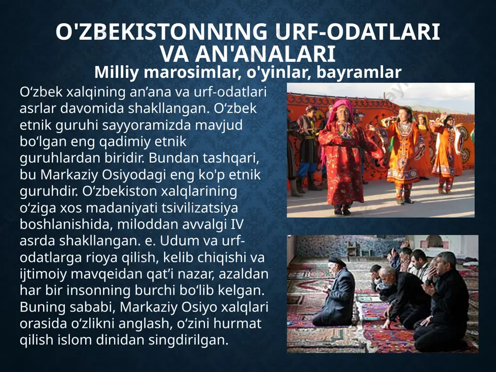 tib bo'lmasdi. navro'z bayrami “navro‘z” so‘zi “yangi kun” deb tarjima qilingan. bayram 21 mart kuni nishonlanadi. yilning shu bahor faslida tabiat qish uyqusidan keyin nihoyat uyg'onadi va yangi yil boshlanishini ramziy qiladi. navro‘z qadimiy bayram bo‘lib, tarixchilarning fikricha, u bundan 3000 yil avval nishonlangan. bugun navro‘z qanday nishonlanadi? yevropa yangi yilini nishonlash yarim tunda boshlansa, navro‘z tushdan keyin nishonlanadi. yangi yil kabi navro‘z ham oilaviy bayram bo‘lib, uni qarindoshlar, do‘stlar davrasida nishonlash odat tusiga kiradi. navro'z bayramining asosiy kuni - 21 martdan keyin yana 13 ta bayram keladi, ular mehmonlarni taklif qilish, shuningdek, qarindoshlar, do'stlar va shunchaki yaxshi tanishlarni ziyorat qilish odat tusiga kiradi. an’anaga ko‘ra bayram kunlari bog‘ va istirohat bog‘lariga ko‘plab mevali daraxt ko‘chatlari o‘tqaziladi.o‘zbekistonning shahar va qishloqlari aholisi navro‘z bayramiga oldindan tayyorgarlik ko‘radi. har bir mahallada (qo‘shni mahallada) hasharlar o‘tkaziladi (qo‘shma ish shanbalikka o‘xshaydi). bayramga tayyorgarlik ko'rishning umumiy vazifasi bilan birlashgan odamlar shahar yoki qishloqni bayramona ko'rinishga …