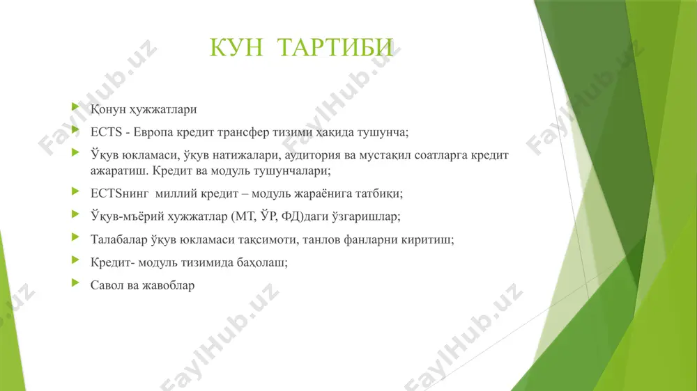 қув жараёнини босқичма-босқич кредит-модуль тизимига ўтказиш; халқаро тажрибалардан келиб чиқиб, олий таълимнинг илғор стандартларини жорий этиш, жумладан, ўқув дастурларида назарий билим олишга йўналтирилган таълимдан амалий кўникмаларни шакллантиришга йўналтирилган таълим тизимига босқичма-босқич ўтиш; олий таълим муассасаларининг академик мустақиллигини таъминлаш ва бошқалар белгилаб берилди. ўзбекистон республикаси вазирлар маҳкамасининг 2020 йил 31 декабрдаги “олий таълим муассасаларида таълим жараёнини ташкил этиш билан боғлиқ тизимни такомиллаштириш чора-тадбирлари тўғрисида”ги 824-сонли қарори. мазкур қарор билан: 1. 2020/2021 ўқув йилидан бошлаб республика олий таълим муассасаларида ўқув жараёнини босқичма-босқич кредит-модуль тизимига ўтказиш тартиби; 2. олий таълим муассасаларида ўқув жараёнига кредит-модуль тизимини жорий этиш тартиби тўғрисидаги низомни тасдиқлаш; 3. олий ва ўрта махсус таълим вазирлиги ва тизимида олий таълим муассасалари бўлган вазирликлар ва идоралар билан биргаликда 1 ой муддатда ўқув жараёнига кредит-модуль тизими жорий этилган бакалавриат таълим йўналишлари ва магистратура мутахассисликларининг малака талаблари, ўқув режаси ва фан дастурлари такомиллаштирилишини таъминлаш; 4. республика олий таълим кенгаши билан биргаликда 2 ҳафта муддатда …