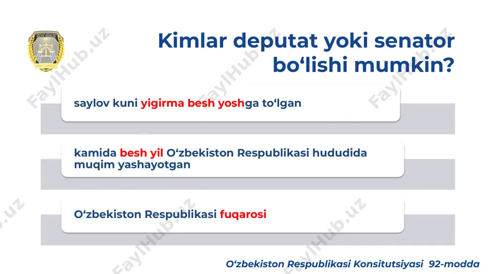 astlabki tarzda ko‘rib chiqish va tayyorlash, o‘zbekiston respublikasi qonunlari hamda senat tomonidan qabul qilinadigan qarorlarning ijrosini nazorat qilish uchun senat shakllanganidan keyin uning vakolatlari muddatiga senatorlar orasidan rais, uning o‘rinbosari va a’zolardan iborat tarkibda saylanadi. komissiyalar - qonunchilik palatasi va senat muayyan vazifalarni bajarish uchun tuzilishi mumkin. fraksiya nima? fraksiya - bu siyosiy partiyadan ko‘rsatiladigan deputatlar tomonidan partiya manfaatlarini qonunchilik palatasida ifodalash maqsadida tuziladigan va belgilangan tartibda ro‘yxatdan o‘tkazilgan deputatlar birlashmasidir. bu muhim! qonunchilik palatasining kamida besh nafar deputati fraksiya tuzish huquqiga ega. qanday hollarda oliy majlis tarqatib yuborilishi mumkin? oliy majlis palatalari o‘zbekiston respublikasi prezidentining o‘zbekiston respublikasi konstitutsiyaviy sudi bilan bamaslahat qabul qilgan qarori asosida quyidagi hollarda tarqatib yuborilishi mumkin: palatalar tarkibida uning normal faoliyatiga tahdid soluvchi hal qilib bo‘lmaydigan ixtiloflar yuz berganda yoki u bir necha marta o‘zbekiston respublikasi konstitutsiyasiga zid qarorlar qabul qilgan taqdirda; qonunchilik palatasi bilan senat o‘rtasida o‘zbekiston respublikasi oliy majlisining normal faoliyatiga tahdid soluvchi …