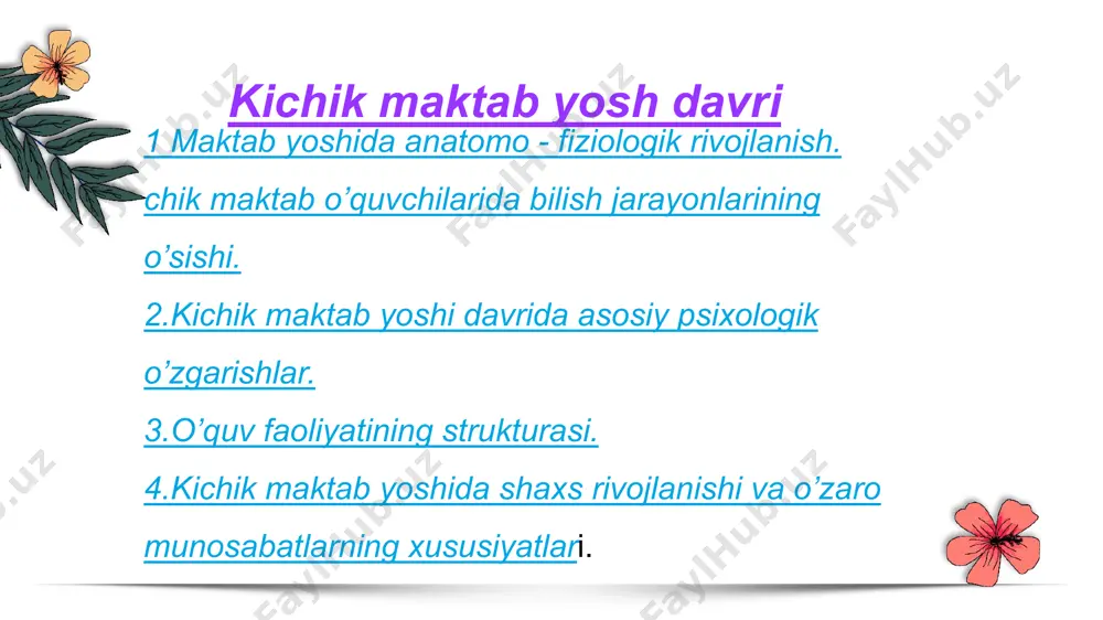 kining o’tkirligi sofligi bilan farq qiladilar. o’quvchilarning idroki o’ziga xos bilimga tomoshabin tariqasida berilganlik bilan farq qiladi. idrok. kichik maktab yoshidagi bolalar idrokining o’tkirligi sofligi bilan farq qiladilar. o’quvchilarning idroki o’ziga xos bilimga tomoshabin tariqasida berilganlik bilan farq qiladi. birinchi signal sistemasining faoliyatining nisbatan ustunligi tufayli kichik maktab yoshidagi o’quvchilarda so’z mantiq xotirasi deb atalgan xotiraga qaraganda ko’rgazmali-obrazli xotira ko’proq rivojlangan bo’ladi. text content hayol. hayol muhim psixik bilish jarayonlaridan biridir. hayolning faoliyatsiz o’qituvchi gapirayotgan va darslarda yozilgan narsalarning tassavvur qilishni hamda ko’rgazmali obrazlar bilan ishlashni bilmay turib, xech qanday o’quv predmetni chinakkam o’zlashtirishi mumkin emas. .n. levitov to’g’ri qayd qilib o’tganidek xech bir maktab yoshida salomatlik xolatiga va ijtimoy taraqqiyotiga kichik maktab yoshidagi maxkam bog’liq bo’lmaydi. bola 7 yoshdan 11 yoshgacha jismoniy jihatdan nisbatan osoyishta va bir tekisda rivojlanadi. bo’yi va og’irligi organizmning tiniqligi o’pkasining hayotiy xajmi ancha tekis va propalg’tsional rivojlanadi hayol. hayol muhim psixik bilish jarayonlaridan biridir. …