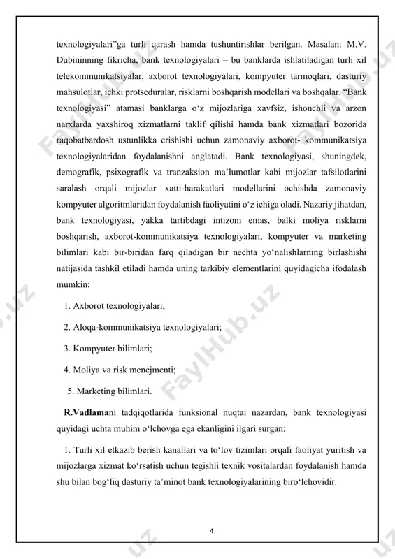 lik tizimi, telekommunikatsiyalar va boshqa ko‘p narsalar kiradi, ularsiz bugungi kunda bankni tasavvur qilib bo‘lmaydi. bank texnologiyalarisiz hozirgi kunda bank faoliyatini yuritish bilan bog‘liq har qanday muammolarni hal qilish va jarayonlarni boshqarishni tasavvur qilib bo‘lmaydi, chunki so‘nggi bir necha yil ichida qarorlar qabul qilish tezligiga bo‘lgan talablar keskin o‘zgarib ketdi, bank operatsiyalari jarayonida ishlatiladigan kompyuter dasturiy ta’minotlari takomillashib, ma’lumotlar hajmi oshdi. “an’anaviy bank” tushunchasi va shu nomdagi fan hozirgi kunda “bank texnologiyalari”ga hamda ular haqidagi fanga aylanmoqda. chunki bugungi kunda bankxizmatlarini ko‘rsatishning nazariy emas, balki amaliy usullari va ularni amalga oshirishning texnik vositalari birinchi o‘rinda turadi. shuning uchun ham zamonaviy aloqa dunyosida bank texnologiyalari muhim o‘rin tutadi. ular axborot-telekommunikatsiya texnologiyalari to‘plamidir. bank texnologiyalari esa maxsus kompyuter dasturlarini, ichki protseduralarni va risklarni boshqarish bilan bog‘liq turli xil modellarni o‘z ichiga oladi. banklarning moliyaviy barqarorligi muvozanatli pul-kredit siyosati bilan ta’minlanadi. hisob egalarining sodiqligini ta’minlash va mijozlar bazasini kengaytirish uchun zamonaviy bank texnologiyalari …