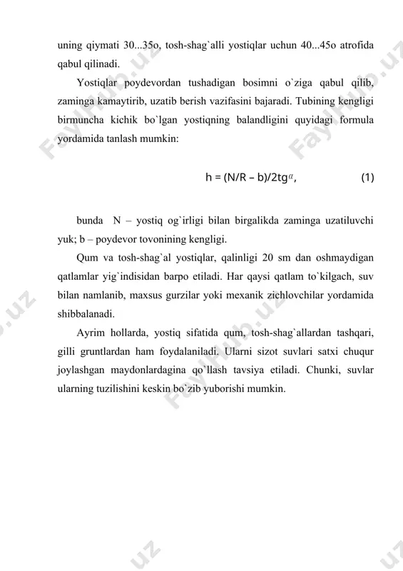 bo`shlig`ini to`ldiradi va grunt zichlana boshlaydi. lyossli o`ta cho`kuvchan gruntlarni suvlash yordamida zichlash usuli kanallar va ulardagi inshootlar qurilishida keng qo`llaniladi. kanallarni beton bilan qoplashdan ilgari, ularning o`zani birmuncha davr suv ta`sirida bo`lishi lozim. bir joyga yig`ilgan gidrotexnika inshootlarini barpo etishda, qurilish maydonchasida bir qancha kichik o`lchamli handakchalar qaziladi va ularga suv quyiladi. suvning gruntga erkin sizib o`tishini ta`minlash uchun, handakchalar tovoniga 10 sm qalinlikkacha qum sepiladi. odatda handaklar oraligi 4...7 m qabul qilinadi. suv yordamida tebratib zichlash usuli qumli va yirik bo`lakli gruntlar sharoitida yaxshi samara beradi. tebratish paytida, bunday gruntlarning bo`laklari orasidagi ishqalanish kuchlari kamayadi, natijada ular orasida o`zaro siljish yuz berib, grunt o`zining xususiy og`irligi ta`sirida zichlanadi. 4. gruntlarni qotirish usullari gruntlarni maxsus kimyoviy qorishmalar yoki issiqlik ta`sirida qotirib, ularning yuk ko`tarish qobiliyatini oshirish mumkin. qotirish usullari turli tuman bo`lib, ularni asosan qorishmaning turi bo`yicha bir-biridan farqlaydilar. gruntlarni tsement qorishmasi, suyuk shisha, maxsus smolalar (masalan, karbomid smolasi), …