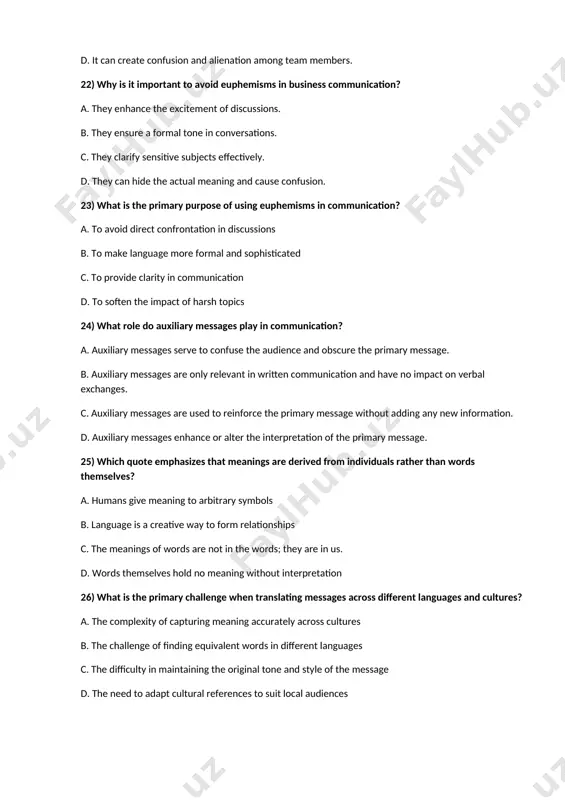 iscommunication in this scenario? a. using more technical terms to sound knowledgeable. b. encouraging open dialogue and questions. c. assuming everyone understands without checking. d. limiting discussions to only essential topics. 30) why might someone need to negotiate the meaning of a word during communication? a. to ensure everyone uses the same language and terminology b. to avoid using slang or informal language c. to create a common vocabulary and understanding d. to clarify technical jargon that may not be understood by all parties 31) why is it important to understand the audience's framework of experience when communicating? a. it helps to ensure the speaker uses complex jargon that impresses the audience. b. it allows the speaker to dominate the conversation without considering the audience's input. c. it enables the speaker to ignore the audience's reactions and feedback during communication. d. it helps tailor the message for better understanding. 32) …