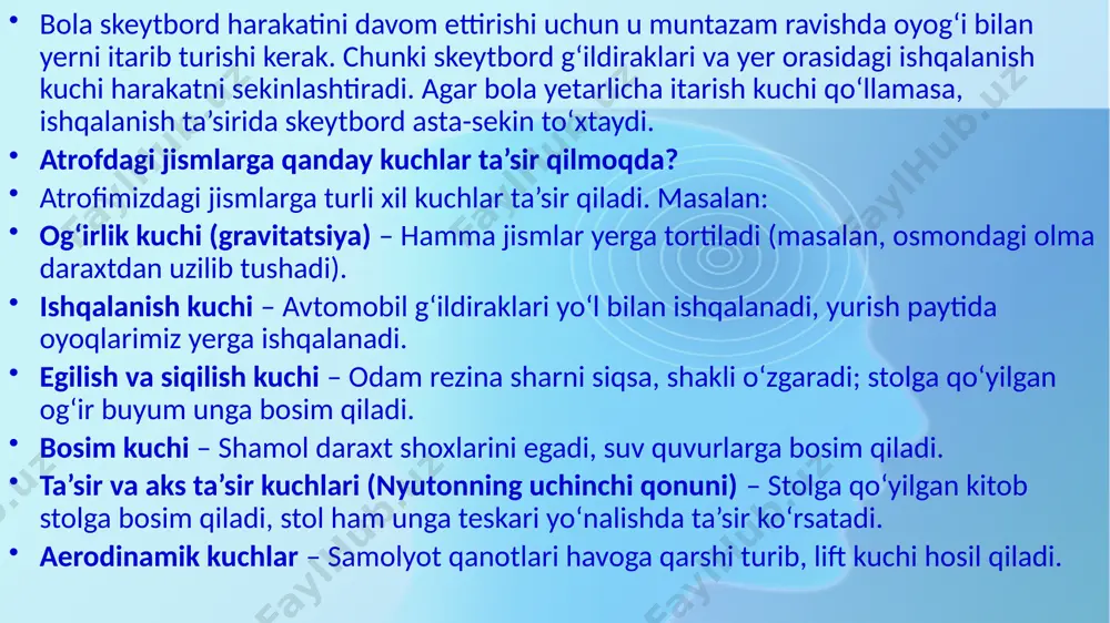 kis yo‘lda doimiy tezlikda harakatlanmoqda motor tortish kuchi → oldinga yo‘nalgan. ishqalanish va havo qarshilik kuchi → orqaga yo‘nalgan. og‘irlik kuchi → pastga yo‘nalgan. yerning reaksiya kuchi → yuqoriga yo‘nalgan. natijaviy kuch nol bo‘lgani uchun tezlik o‘zgarmaydi. parashyutchi havoda doimiy tezlik bilan tushmoqda og‘irlik kuchi → pastga yo‘nalgan. havo qarshilik kuchi → yuqoriga yo‘nalgan. bu ikki kuch bir-birini muvozanatlaydi, natijada parashyutchi doimiy tezlik bilan tushadi. xulosa: doimiy tezlikda harakatlanayotgan jismga ta’sir qiluvchi barcha kuchlar muvozanatda bo‘ladi, ya’ni natijaviy kuch nol bo‘ladi. shuning uchun jism tezlashmaydi yoki sekinlashmaydi, balki o‘zgarmas tezlikda harakatni davom ettiradi. gravitatsiya kuchi jismlarni yer markazi tomon tortadigan kuch kilogramm - massaning o‘lchov birligi nyuton - kuchning o‘lchov birligi qarshilik kuchi jism harakatiga qarama-qarshi yo‘nalishda ta’sir qiluvchi kuch tortish kuchi - jismni oldinga harakatlantiruvchi kuch topshiriqlar 1. mazvuni o`qish 2. ilmiy atamalarni yozish 3. ma’lumotlarni yozish image2.png image3.png image4.png image5.jpeg image6.jpeg image7.png image8.png image9.png image1.png /docprops/thumbnail.jpeg
