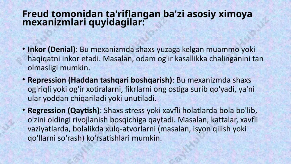 di. ekzistensial psixologiya gumanistik yondashuvning bir qismi sifatida insonning erkinligi, mas'uliyatini va o'z hayotini shakllantirishdagi rolini ajratib ko'rsatadi. ekzistensial psixologiyaning asosiy g'oyalari: hayotning ma'nosi: ekzistensial psixologiya odamning hayotga ma'no berishga intilishini va bu ma'noni qanday topishi, o'zining mavjudligini qanday tushunishi haqida gapiradi. masalan, viktor franklning logoterapiya yondashuvi insonning hayotdagi ma'no va maqsadini topishga qaratilgan. erkinlik va mas'uliyat: ekzistensial psixologiya insonning erkinlik va o'z qarorlarini qabul qilishdagi mas'uliyatini hamda bu jarayondan kelib chiqadigan izolyatsiya yoki qo'rquvni o'rganadi. inson o'zini qabul qilish, o'zining tanlovlarini anglash va o'z hayotini shakllantirishda erkin. o'lim va vaqt: o'lim haqidagi xotiralar va o'lim bilan bog'liq xavf va qo'rquv, ekzistensial psixologiyaning asosiy elementlaridan biridir. bu yondashuv odamning o'lim bilan yuzlashishi va o'zining vaqt bilan qanday munosabatda bo'lishi muhimligini ta'kidlaydi. izolyatsiya: insonlar o'zaro aloqada bo'lishga intilsalar-da, ekzistensial psixologiya shuningdek insonning yakkalanish hissi va o'zini ajralib qolgan his qilishidan kelib chiqqan ruhiy holatlar bilan ham shug'ullanadi. o'zlik va autentiklik: ekzistensial …