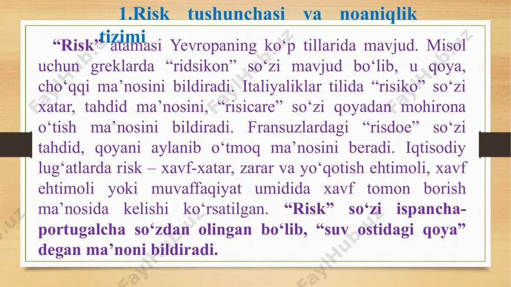 dining potentsial manbalari bo’lib hisoblanadi. tadbirkorlik faoliyati turlari bo’yicha moliyaviy fond bozoridagi risklar: likvidlik, axborot, valyuta va boshq.; bank risklari – kredit, foiz, portfel; inflyatsiya, bank mijozlarining xususiyatiga bog’liq bo’lgan lizing va faktoring risklari yuridik qonunchilik hujjatlari sifatining pastligi va qonunchilikdagi kutilmagan o’zgarishlar ishlab chiqarish ishlab chiqarish fondlarining ishdan chiqishi, ishlab chiqarishdagi uzilishlar, aylanma mablag’larning yo’qotilishi, xom ashyo va uskunalarni o’z muddatida yetkazib berilmasligi tijorat bozor konyu’nkturasidagi kutilmagan o’zgarishlar va tijorat faoliyati bilan bog’liq boshqa shart-sharoitlar investitsion investitsion muhitda, innovatsiya faoliyatida kutilmagan holatlar va noaniqliklar sug’urta sug’urt fondini shakllantirish va boshq. innovatsion innovatsion sohada noaniqlik sababli yuzaga keluvchi holatlar (innovatsion g’oyaning yaratilishidan boshlab to uni hayotga tatbiq etishgacha bo’lgan jarayon) diversifiktsiyalash imkoniyatlari bo’yicha tizimli tadbirkorlik faoliyatining u yoki bu ko’rinishlariga xos bo’lgan o’ziga xos xususiyatga ega bo’lgan aniq sharoitda tadbirkorlik faoliyatidan daromad olish bilan bog’liq bo’lgan risklarning tasnifiy belgilari turlari tavsifi kutilishi mumkin bo’lgan oqibatlar foyda riskka borgani uchun olinadigan …