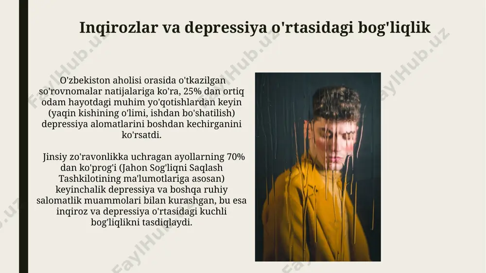 mida ijobiy natijalarga erishgan. sog'lom turmush tarzini o'rnatish, to'g'ri ovqatlanish va yetarli uyqu depressiyaga qarshi kurashda muhim ahamiyatga ega. masalan, kuniga kamida 7-8 soat uxlash, 5 ta meva va sabzavot iste'mol qilish tavsiya etiladi. kelajak rejalari va maqsadlar hayotdagi inqirozlar 30 yoshdan keyin ko'proq uchrab, shaxsiy maqsadlarga erishish rejalari (masalan, oila qurish, kasbiy o'sish) buzilishiga olib kelishi mumkin, natijada depressiya xavfi 2 barobar ortadi. toshkentda o'tkazilgan tadqiqotlar shuni ko'rsatdiki, aniq kelajak rejalari bo'lmagan 500 nafar ishtirokchining 60% da depressiya belgilarini kuzatish mumkin. oilaviy va ijtimoiy qo'llab-quvvatlash toshkent shahridagi ijtimoiy xizmat ko'rsatish markazlari 2022 yilda 5000 dan ortiq odamga ruhiy salomatlik bo'yicha maslahat va qo'llab-quvvatlash xizmatlarini taqdim etdi. oilaviy qo'llab-quvvatlashning samaradorligi 20-40 yoshdagi shaxslarda depressiya xavfini 30% ga kamaytirishi mumkinligi aqshning turli tadqiqotlari bilan tasdiqlangan. inqirozlarga sabab bo'luvchi omillar stress darajasi yuqori bo'lgan shaharlar, masalan, toshkent yoki samarqand, aholisining 25% gacha bo'lgan qismi oilaviy nizolar va ishdan bo'shatilish kabi omillar tufayli …