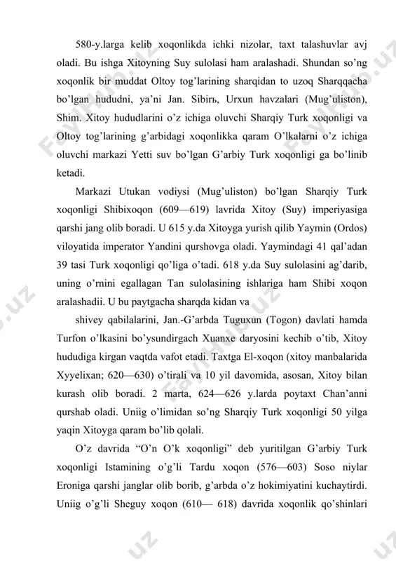 tori irakliy bilan birgalikda 627—628 y.larda jan. kavkazga safar uyushtiradi va bu yerdagi sosoniylar qo’shinini yengib, tbilisi sh.ni qo’lga kiritadi. tun yabg’u g’arbiy hududlarda hokimiyatni mustahkamlash maqsadida qarorgohini shosh vohasining shimdagi mingbuloq (x toycha syanь-syuanь) mavzesiga ko’chi radi va boshqaruvda islohotlar o’tkazib qaram o’lkalarga turkiy tudun va eltabar unvonli vakillar jo’natadi. 630-y.larga kelib g’arbiy turk xoqonligi ham bir muddat xitoyga qaram bo’lib qoladi. biroq tez orada o’z qudratini tiklab oladi. xitoy manbalarida qayd etilishicha, el-bilga ishbara yabg’u (630—641) ning qo’l ostida sharqiy turkistondagi kucha, shanshan, cherchen, xarashar (qorashahar) hokimliklari va shi (shosh), shi’ (kesh), xe (kushoniya-kattaqo’rg’on) mu (marv), kan (sug’d) va toxariston o’lkalari bo’lgan. xoqonlik istamining beshinchi bo’g’in avlodi bo’lmish ulug’ ishbara (xelu shabolo; 651—657) xokon hukmronligi davrida xitoyga qarshi bir necha yil kura olib boradi. kapag’an xoqon (691—716) davrida xoqonlik mintaqadagi eng yirik davlatga aylanadi. u jiyanlari kutlug’ eltarish xoqonning o’g’illari bilga va kultegin hamda to’yuquq bilan birgalikda xitoydagi …