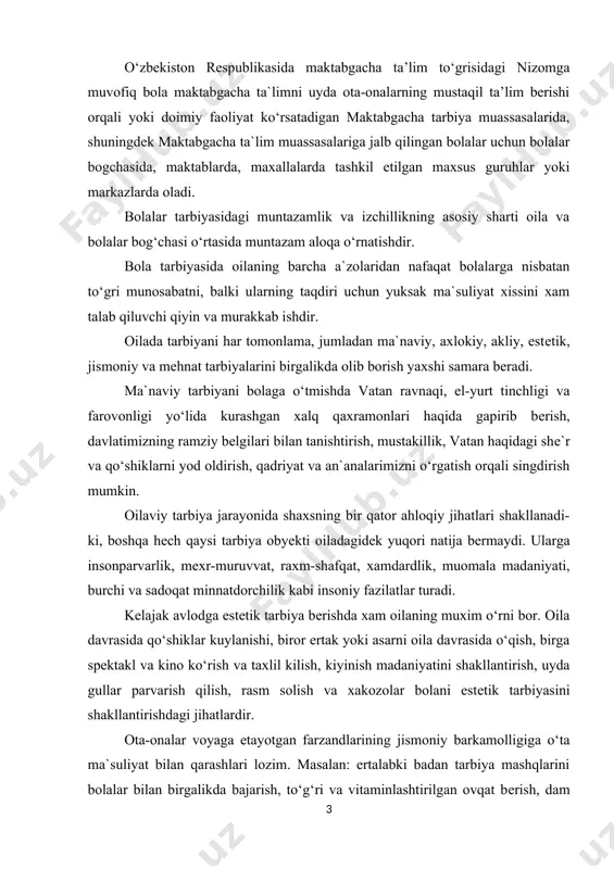 kni bundan kеyin yanada takomilishtirish yo‘llarini izlab topish oilaviy tarbiyaning ijtimoiy tarbiya bilan alokasini mustaxkamlash maktabgacha tarbiya muassasalari xodimlari pеdagogik omillar, bu soxada ilmiy ish olib boruvchi tadkikotchilar va uslubchilarning muxim vazifasidir. bolalarni tarbiyalashda davlat axamiyatidagi vazifadir. uning to‘g‘ri xal qilinishi tarbiya ishining qo‘yilishiga komplеks yondoshishga tarbiyaviy muassasalarning, oila va jamiyatchilikning to‘liq o‘z aro ta`siri va xarakatlarning birligiga bog‘liq. i bob. maktabgacha ta'lim muassasasi bolalarni maktab ta'limiga tayyorlovchi asosiy muassasa 1. maktabgacha yoshdagi bolalarning ta’lim tarbiya jarayonini tashkil etish metodikasi har qanday pedagog hech qanday vositalardan foydalanmay, bolani maktabga tayyorgarligini aniqlay oladi. ba’zi ota-onalar ham bola qanchalik sog‘lom, chaqqon, mustaqil, aqlli,o‘qishga tayyor ekanligini taxminan bilishadi. mtt tarbiyachilari har bir bolaning maktabga tayyorgarligini to‘g‘ri aniqlashda yetarli pedagogik, texnologik bilim va tajribalarga ega bo‘lishlari kerak, bunda ular mttda ta’lim va tarbiya dasturi talablariga tayanishlari kerak. agar maktabgacha davrda bola normal rivojlangan bo‘lsa, uning jismoniy va aqliy rivojlanishiga hech qanday kuchli ta’sirlar bo‘lmagan …