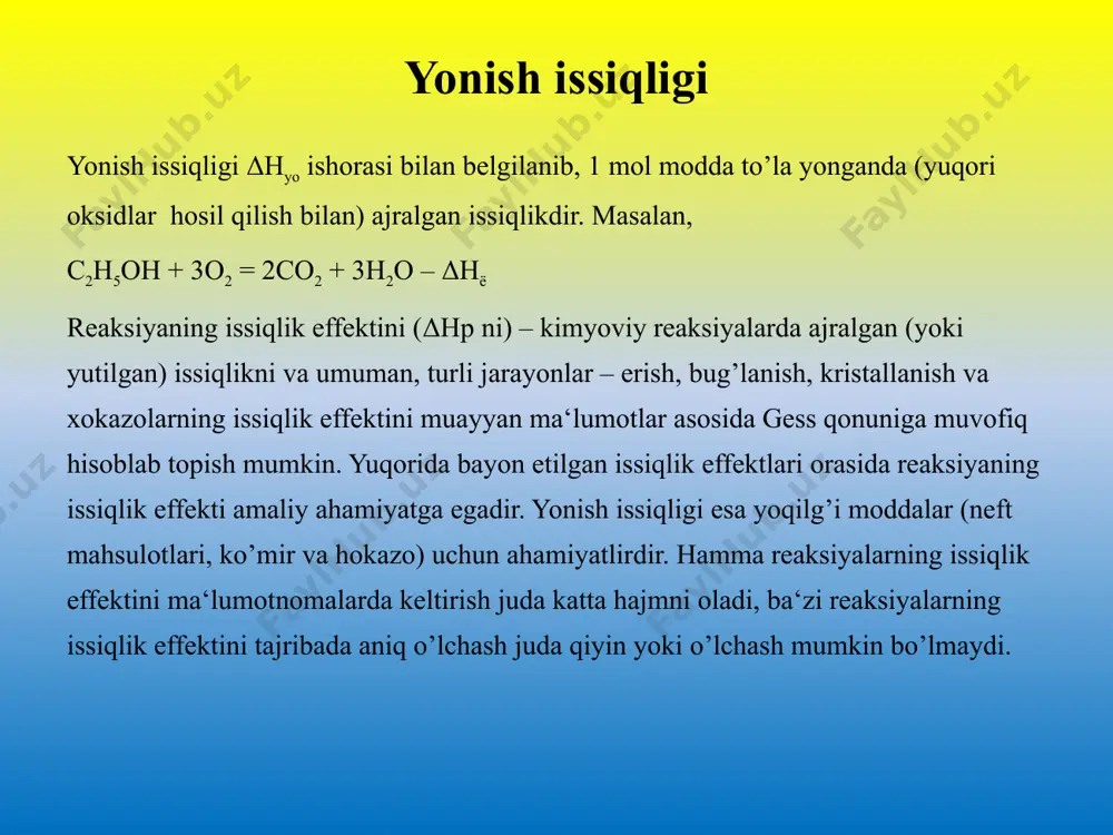 r olish mumkin. bu esa ilmiy tadqiqotlarda, texnologik jarayonlarda va ekologik monitoringda samarali natijalar berishi mumkin. kalorimetrik o'lchashlar jarayonida ishlatiladigan usullar, masalan, differensial kalorimetriya, qattiq yoki suyuq materiallarning issiqlik sig'imini o'lchash kabi texnikalar, ilmiy va sanoat sohalarida rivojlanishni ta'minlashga xizmat qilmoqda. umuman olganda, kalorimetrik o'lchashlar energiya va issiqlik o'zgarishlarini tahlil qilishda samarali vosita bo'lib, ilmiy tadqiqotlar va texnologiyalarni rivojlantirishda muhim rol o'ynaydi. image1.png image2.png image3.jpeg image4.png /docprops/thumbnail.jpeg