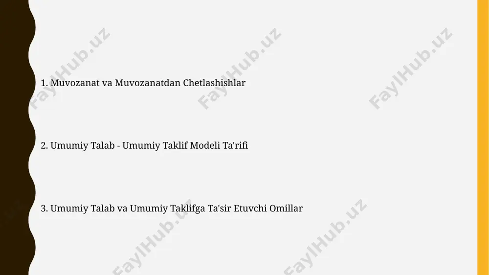 shlar iqtisodiy tsikllarga sezilarli ta'sir ko'rsatadi, masalan, reaktsiyalar koeffitsiyenti 2 ga teng bo'lishi mumkin. umumiy talabning shakllanishiga ta'sir ko'rsatuvchi omillar orasida inflyatsiya darajasi, foiz stavkalari, soliq siyosati kabi 3 ta asosiy makro-iqtisodiy ko'rsatkichlarni ajratib ko'rsatish mumkin. umumiy talab egri chizig'i umumiy talab egri chizig'ining qiyaligi salbiy bo'lib, narx darajasi 10% ga oshsa, real yalpi ichki mahsulot (yaim) taxminan 5% ga kamayishi mumkinligini ko'rsatadi. keynsian iqtisodiy nazariyasiga ko'ra, umumiy talab egri chizig'i qisqa muddatda nisbatan yassiroq, chunki narxlarning qattiqligi va ma'lumotlarning nomukammalligi mavjud. muvozanat nuqtasi va iqtisodiy chiqish agar muvozanat nuqtasi to'liq bandlik yaimidan yuqori bo'lsa, inflyasiya kuchayishi mumkin, masalan, narx darajasi 15% ga oshishi mumkin. muvozanat nuqtasi ad va as egri chiziqlarining kesishish nuqtasida hosil bo'ladi, bu yerda real yalpi ichki mahsulot (yaim) 5 trillion va umumiy narx darajasi 120 ni tashkil etadi. umumiy taklifning tarkibiy qismlari umumiy taklif (ut) nominal yalpi ichki mahsulot (yaim) ning uchta asosiy tarkibiy qismidan …