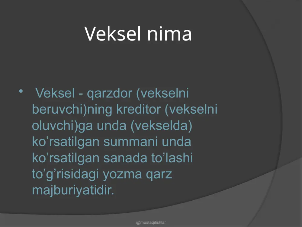 a layoqatliligiga shubhalanib, bu vekselni qabul qilishdan bosh tortishi mumkin. shu yerga kelganda veksel muomalasida uzilish ro’y beradi va o’z navbatida tijorat krediti amal qilmaydi. @mustaqilishlar diskont stavka bank vekselni hisobga olish orqali vekselni topshirgan shaxsga to’lovni amalga oshiradi va veksel egasiga aylanadi. bank vekselni uning nominal qiymatidan pastroq bahoga (diskont asosida) sotib oladi, ya’ni bank vekselni sotuvchiga unda ko’ratilgan summadan kam miqdorda haq to’laydi, bank chegirib qolgan summa hisob stavkasi yoki diskont deb yuritiladi. @mustaqilishlar vekselni hisobga olgach, bank vekselning egasiga aylanadi, ya’ni to’lovni talab qilish huquqi bankka o’tadi. shuning uchun bank vekselni sotib olishdan avval vekselni bergan shaxs (mol sotib oluvchi,qarzdor)ning, shuningdek, vekselni bankka topshirayotgan shaxsning (vekselni bergan shaxs to’lovni amalga oshirmagan taqdirda, vekselni bankka topshirgan shaxs to’lov uchun javobgar bo’ladi) kreditga layoqtliligini sinchiklab o’rganadi. ko’pincha banklar ichida maxsus hisob komiteti tashkil qilingan va ular mijiozlarning kreditga layoqatliligini aniqlab, har bir mijoz uchun bekselni hobga olish bo’yicha limit …