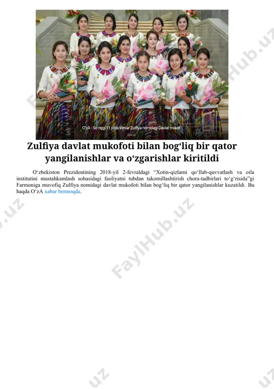 ukrainka, edi ognetsvet, marvarid dilboziy, amrita pritam asarlarini oʻzbek tiliga mahorat bilan tarjima qilgan. mustaqillik yillarida ibratli hayot kechirgan, keng ijtimoiy faoliyat olib borgan shoira zulfiya betakror isteʼdodi, vatanga muhabbati, olijanob insoniy fazilatlari, xalqimiz maʼnaviyatini yuksaltirishdagi xizmatlari uchun yuksak hurmat va eʼzozga sazovor boʻldi. oʻzbekiston hukumati atoqli shoiraning madaniyatimiz taraqqiyotidagi katta xizmatlarini eʼtiborga olib 1999 yili zulfiya nomidagi davlat mukofotini taʼsis etdi. ardoqli shoira tavalludining 100 yilligi esa oʻzbekiston respublikasi prezidentining 2014 yil 31 oktyabrdagi qarori bilan (2015) keng koʻlamda nishonlandi, chinakam adabiyot bayramiga aylanib ketdi. zulfiyaxonim izdoshlari. zulfiya davlat mukofoti bilan bog‘liq bir qator yangilanishlar va o‘zgarishlar kiritildi o‘zbekiston prezidentining 2018-yil 2-fevraldagi “xotin-qizlarni qo‘llab-quvvatlash va oila institutini mustahkamlash sohasidagi faoliyatni tubdan takomillashtirish chora-tadbirlari to‘g‘risida”gi farmoniga muvofiq zulfiya nomidagi davlat mukofoti bilan bog‘liq bir qator yangilanishlar kuzatildi. bu haqda o‘za xabar bermoqda. foto: “andmiedu.uz” shuningdek, tanlovda ochiqlik va oshkoralikni ta’minlash maqsadida jamoatchilikning fikr va mulohazalari asosida o‘zbekiston xotin-qizlar qo‘mitasi huzuridagi …