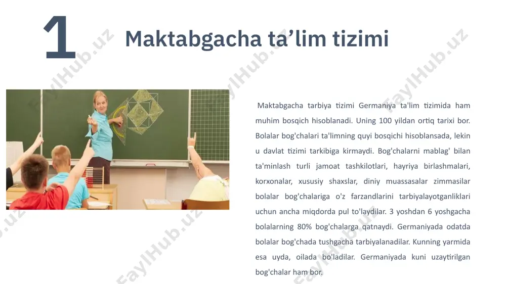 r hisobidan oʻqish haqi bepul to’lovli (yiliga 1,000-20,000 yevrogacha) nazorat mahalliy ta’lim boshqarmasi va yer hukumati mustaqil boshqaruv, lekin davlat nazoratida oʻquv dasturi federal va yer ta’lim standartlari asosida davlat tasdiqlagan dasturga asoslanadi, lekin ko’proq erkinlikka ega talabalrning kelib chiqishi turli ijtimoiy qatlamlardan ko’proq yuqori daromadli oilalardan foydalaniladigan metodlar an’anaviy davlat standartlari asosida eksperimental va innovatsion uslublar keng qo’llanadi sinflar soni va hajmi ko’pincha koʻproq oʻquvchi bor odatda kichik sinflar (koʻproq individual yondashuv) oʻqituvchilar davlat tomonidan yollanadi, koʻp hollarda davlat xizmatchisi mustaqil yollanadi, ayrimlari davlat standartlariga mos 3 germaniya ta'lim tizimining afzalliklari va kamchiliklari xulosa va boshqa mamlakatlar bilan solishtirish kamchiliklari va afzalliklari yuqori sifatli bilim berish tizimi 3 yuqori sifatli bilim berish tizmi kuchli huquqiy va tashkiliy asos ta’lim majburiyligi (schulpflicht): 6–18 yosh oralig‘ida barcha bolalar maktabda o‘qishi shart. sifat nazorati va standartlar •maktablar va universitetlar doimiy ravishda baholanadi va akkreditatsiyadan o‘tkaziladi. •har bir o‘qituvchi yuqori malakali, davlat testlaridan …