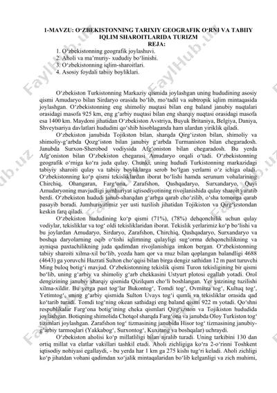 oʻzbekistonning tarixiy geografik joylashuvi va tabiiy iqlim sharoitlarida turizm — DOCX