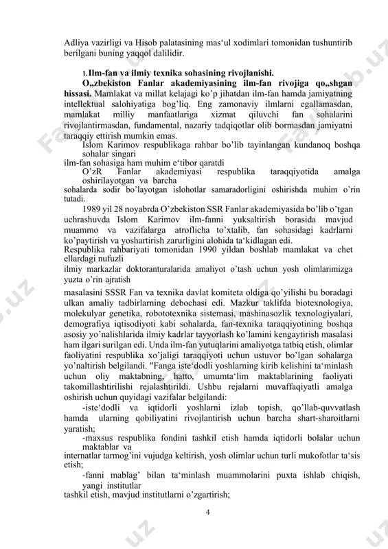 yn tizimi, raqamli kutubxona tizimi, tabaqalashtirilgan kontraktni tо’lashni tashkil etish tizimi va boshqalar ishlab chiqilib, joriy qilindi. bu esa 27 milliard sо’mga yaqin mablag’ tejalishini ta‘minlaydi. qolaversa, oliy, о’rta maxsus, kasb-hunar ta‘lim muassasalariga qabul qilish uchun hujjatlarni onlayn shaklda taqdim etish, bitiruvchilarga qr-kodli diplom va sertifikatlar berishni tashkil etish, diplomlarni soxtalashtirishning oldini olish, bakalavriat va magistratura bosqichlarining yagona elektron bazasini shakllantirish, yagona elektron kutubxona tizimini yaratish imkonini beradi. albatta, davlatimiz rahbari tashabbusi bilan oliy ta‘lim tizimida 2017-yilda boshlangan keng kо’lamli islohotlarning muhim yutuqlaridan yana kо’plab misollarni keltirish mumkin. biroq bugungi kunda islohotlarni kuchaytirish va obyektiv jadallashtirish bilan bir qatorda kun tartibida tizimli о’zgarishlarning sur‘ati va rivojlanish xususiyatini saqlab qolish dolzarb masala bо’lib turibdi. turli darajalarda belgilangan vazifalarga erishish, asosiy jihatlarni tizimli о’rganish va chora-tadbirlar natijadorligini keng kо’lamli tahlil qilish islohotlar samaradorligining hal qiluvchi omili sifatida tizimning barcha darajalarida rahbarlarning mas‘uliyati, 5 muvaffaqiyatning yakuniy yо’li ijro intizomi ekanini yana bir bor …
