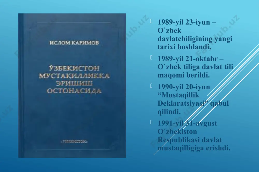 salalari bo’yicha davlat boshqaruv organi sifatida o’zbekiston respublikasi hududida havo transporti sohasidagi siyosatni ishlab chiqish, muvofiqlashtirish va uning amalga oshirilishini ta’minlaydi. mamlakatimizda gaz zaxirasining hajmi 2 trillion kubometrga teng. davlatimizda neftni qayta ishlash korxonalari 1 yilda 11 mln tonna neftni qayta ishlash quvvatiga ega. o’zbekistondagi ko’mir zaxirasi 2 mlrd tonnani tashkil etadi. o’zbekiston oltin qazib chiqarish bo’yicha dunyoda yettinchi , mdh davlatlari ichida esa 2- o’rinda turadi. davlatimizdagi g’ozg’on koni marmar zaxirasining ko’pligi , yuqori sifatliligi jihatidan jahondagi eng mashhur konlardan biri. o’zbekiston jahonda avtomobil ishlab chiqaruvchi 28-davlat hisoblanadi. 2006-yil o’zbekiston yaponiya bilan hamkorlikda “isuzu” rusumli avtobus va boshqa yuk avtomashinalarini ishlab chiqarishga kirishdi va “samavto” deb nomlandi. o’zbekiston paxta terish kombaynlari ishlab chiqaruvchi dunyodagi ikki mamlakatning biri hisoblanadi. o’zbek-isroil qo’shma korxonasida paxta teradigan mashinalarning yangi modeli yaratildi. ta’lim islohotlari. prezindetimiz davlat budjetining 59,2 %i ijtimoiy soha va aholini ijtimoiy himoya qilishga qaratilgani, uning 35%i ta’lim tizimiga yo’naltirilganini ta’kidladi. davlatimizning …