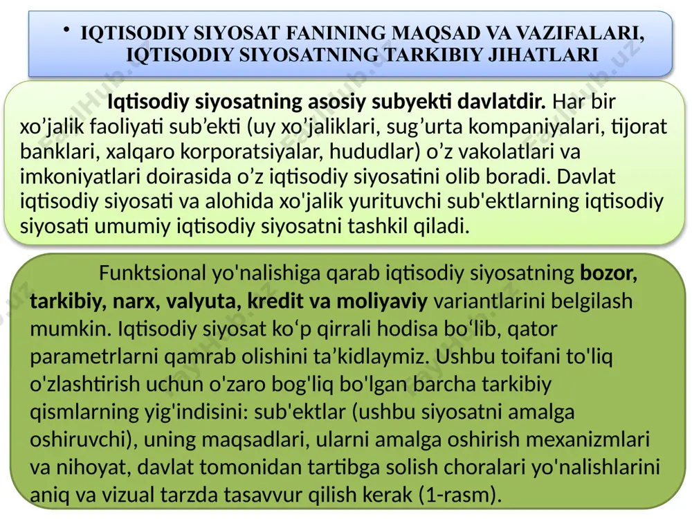 ti va sanoat siyosati, qishloq xo‘jaligi iqtisodiyoti va qishloq xo‘jaligi siyosati. siyosiy iqtisod iqtisodiy siyosatning asosi sifatida marksizm siyosiy iqtisodning yo'nalishlaridan biri sifatida "kapital"da ajoyib tarzda taqdim etilgan uyg'un qarashlar tizimidir. bir yarim asr davomida bu ta'limot o'zining yaxlitligi va mantiqiyligi bilan odamlarni o'ziga tortdi. va bugungi kunda k.marks tomonidan qo'llaniladigan ijtimoiy hayotni tahlil qilish metodologiyasi ko'plab foydali misollarni keltirib chiqaradi, ularni ko'rib chiqish juda maqsadga muvofiqdir. 14 siyosiy iqtisod iqtisodiy siyosatning asosi sifatida pyotr stolypin (1890—1964) milliy iqtisodiy siyosat maktabining negizida turgan rus olimlarining nazariy merosi hamon islohotlarning ezgu maqsadiga xizmat qiladi. rossiyaning buyuk islohotchilari - p.a.stolypin, s.yu.vitte va boshqalar tajribasi yaxshi nazariyadan ko'ra amaliyroq narsa yo'qligi haqiqatini tasdiqlaydi. rus maktabi vakillari tomonidan bildirilgan asosiy qoidalarni umumlashtirib, beshta qoidani ta'kidlash mumkin. sergey yulevich vitte (1849—1915) 15 siyosiy iqtisod iqtisodiy siyosatning asosi sifatida birinchidan, siyosiy iqtisod iqtisodiy siyosatning asosiy nazariy asosi bo‘lgan va shunday bo‘lib qoladi. 2012-yil aprel oyida moskvada …