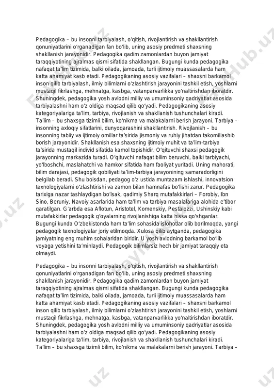 takomillashib borish jarayonidir. shakllanish esa shaxsning ijtimoiy muhit va ta’lim-tarbiya ta’sirida mustaqil individ sifatida kamol topishidir. o‘qituvchi shaxsi pedagogik jarayonning markazida turadi. o‘qituvchi nafaqat bilim beruvchi, balki tarbiyachi, yo‘lboshchi, maslahatchi va hamkor sifatida ham faoliyat yuritadi. uning mahorati, bilim darajasi, pedagogik qobiliyati ta’lim-tarbiya jarayonining samaradorligini belgilab beradi. shu boisdan, pedagog o‘z ustida muntazam ishlashi, innovatsion texnologiyalarni o‘zlashtirishi va zamon bilan hamnafas bo‘lishi zarur. pedagogika tarixiga nazar tashlaydigan bo‘lsak, qadimiy sharq mutafakkirlari – forobiy, ibn sino, beruniy, navoiy asarlarida ham ta’lim va tarbiya masalalariga alohida e’tibor qaratilgan. g‘arbda esa aflotun, aristotel, komenskiy, pestalozzi, ushinskiy kabi mutafakkirlar pedagogik g‘oyalarning rivojlanishiga katta hissa qo‘shganlar. bugungi kunda o‘zbekistonda ham ta’lim sohasida islohotlar olib borilmoqda, yangi pedagogik texnologiyalar joriy etilmoqda. xulosa qilib aytganda, pedagogika jamiyatning eng muhim sohalaridan biridir. u yosh avlodning barkamol bo‘lib voyaga yetishini ta’minlaydi. pedagogik bilimlarsiz hech bir jamiyat taraqqiy eta olmaydi. pedagogika – bu insonni tarbiyalash, o‘qitish, rivojlantirish va shakllantirish qonuniyatlarini …
