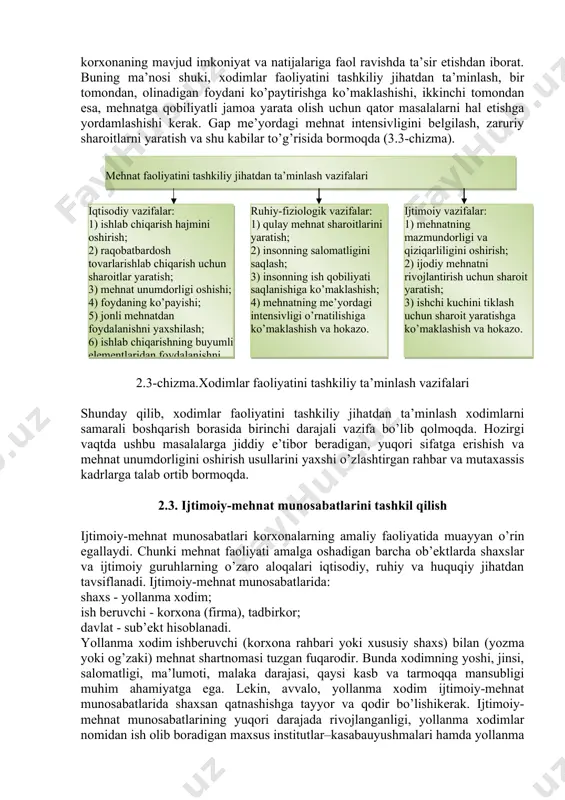 ish, ish joylarini yaxshiroq tashkil etish, ishda zaruriy aniqlik va uyushqoqlikni ta’minlashgaqaratilishi lozim. 9. ijtimoiy-mehnat munosabatlari.hozirgi vaqtda «ijtimoiy-mehnat munosabatlari» atamasi ilmiy iste’molga kirib qoldi va faol ravishda ishlatilmoqda. u nomlayotgan realliklarni tarkibiy element sifatida xodimlarning mehnat faoliyatini tashkiliy jihatdan ta’minlashga kiritish o’rinlidir. 10. mehnat intizomi. korxona xodimlarining umumiy mehnat natijalari har bir xodimning shaxsiy mehnat natijalariga bog’liqdir. shu sababli ularning birgalikda faoliyat olib borishlari uchun muayyan tartibni saqlab borish, ishning boshlanishi va tugallanishi, tanaffuslar va hokazolarga rioya etish lozim.bundan tashqari esa mehnat intizominisaqlab borishning aniq mexanizmi ham zarur. mehnat faoliyatini tashkiliy jihatdan ta’minlash xodim samarali faoliyatining qator umumiy tamoyillariga asoslanadi va ko’p jihatdan texnika-texnologiya va mehnat buyumlarining rivojlanish darajasi, shuningdek korxona miqyosi, mehnat taqsimoti va kooperatsiyasi, tashkiliy tuzilma va hokazolar bilan belgilanadi. quyidagi chizmada ko’rsatilgan tamoyillar xodimlar faoliyatini tashkiliy jihatdan ta’minlash asoslariga kiradi. chunki ular rioya etish zarurati tashkilotchilik maqsad va vazifalaridan kelib chiqadigan asosiy talablarni o’z ichiga oladi. ilmiylik …