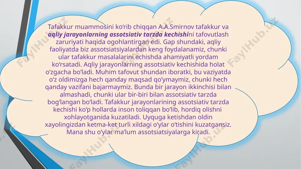 jislaridan birortasi, ba’zilari yoki har qaysi jismga taalluqli bo‘lishiga bog‘liq ravishda hukmlar ayrim, xususiy yoki umumiy bo‘lishi mumkin. ayrim hukm: «bu odam hech qachon aldov yo‘liga kirmaydi». xususiy hukm: «ba’zi metallar suvdan og‘irroq». umumiy hukm: «suyuqlikdagi har bir jismga u siqib chiqargan suyuqlikka teng bo‘lgan bosim ta’sir ko‘rsatadi». bir yoki bir necha hukmlardan yangi hukm yuzaga keladigan tafakkur shakli xulosa deb ataladi. boshqa hukmlar keltirib chiqariladigan boshlang‘ich hukmlar xulosa dalillari deb ataladi. masalan, barcha slanetslarning yonuvchanligi ma’lum, va ushbu modda slanets bo‘lsa, u holda «ushbu moddaning yonuvchanligi» haqida xulosa yasash mumkin. xulosa chiqarishning sodda va tipik shakli sillogizm hisoblanadi. masalan: «barcha metallar – elektr o‘tkazuvchi. qalay – metall bo‘lgani uchun, qalay – elektr tokini o‘tkazadi». fikrlash jarayonida inson atrof-olamni o‘ziga xos aqliy operatsiyalar vositasida o‘rganadi. asosiy fikrlash operatsiyalariga analiz va sintez, taqqoslash, abstraksiya va umumlashtirish, aniqlashtirish, tasniflash va tizimlashtirish kiradi. analiz – bu yaxlitlikni fikran qismlarga yoki yaxlitlikni tomonlar, harakatlar, …